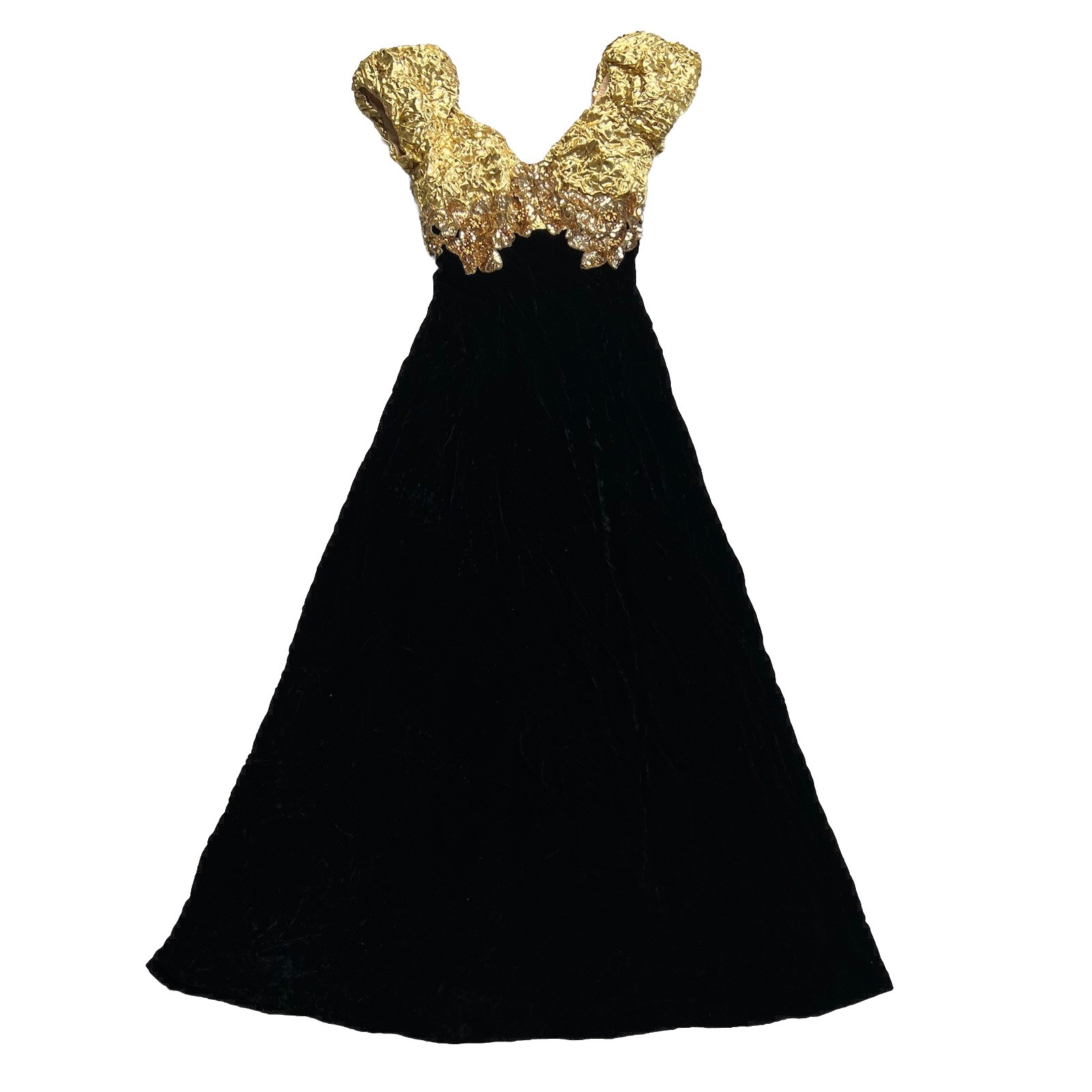 Vintage Alyce Designs Sequin Gown Womens 6 Black Gold Puff Sleeve Dress 80s Y2k