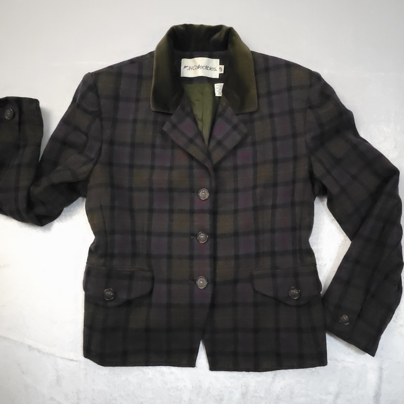 Vtg 1990s Dark Academia Forest Green Plaid Wool Blazer Velvet Prep USA Union 4P