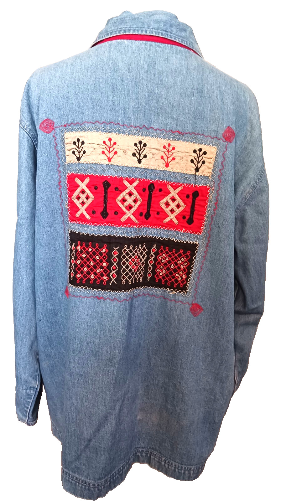 VTG Denim Jacket/Shirt Women’s Plus Size Tribal Slitweave Embroidery Ethnic Boho