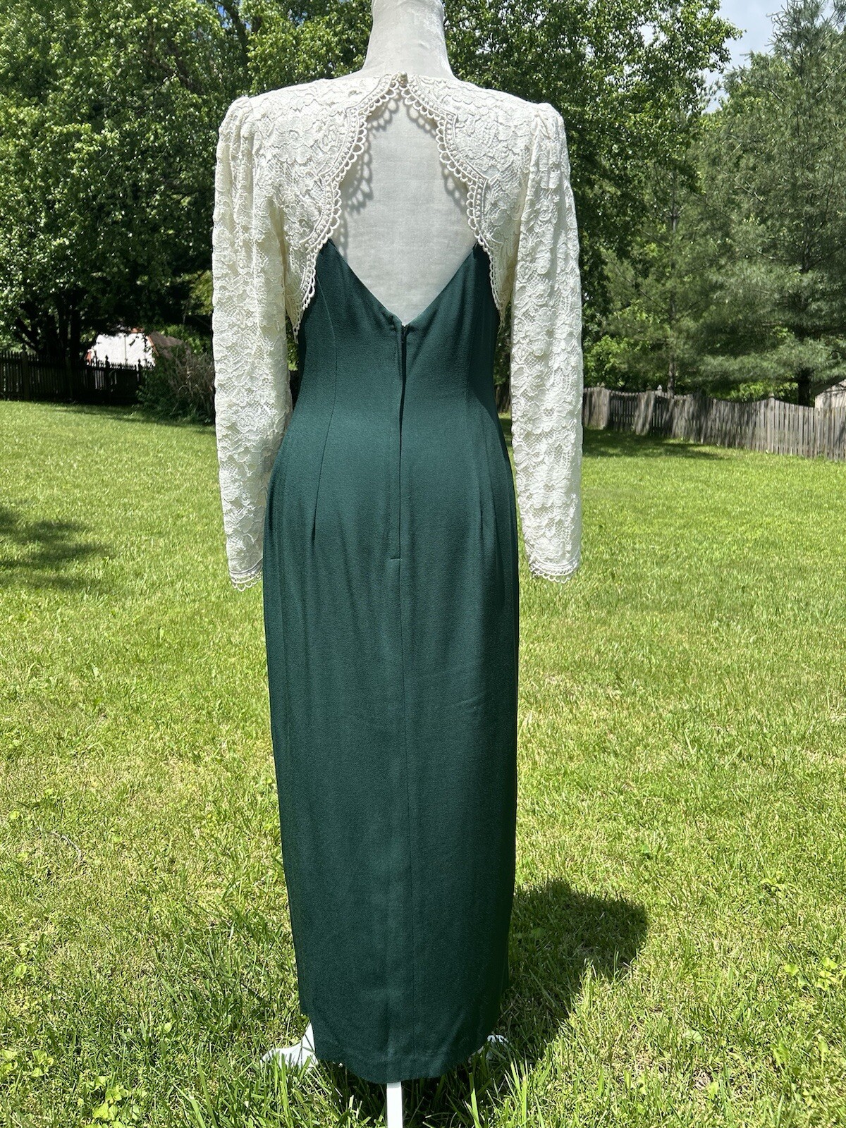 Vintage 90s Scott McClintock Ivory Lace Hunter Green Long Dress Cutout Back S M