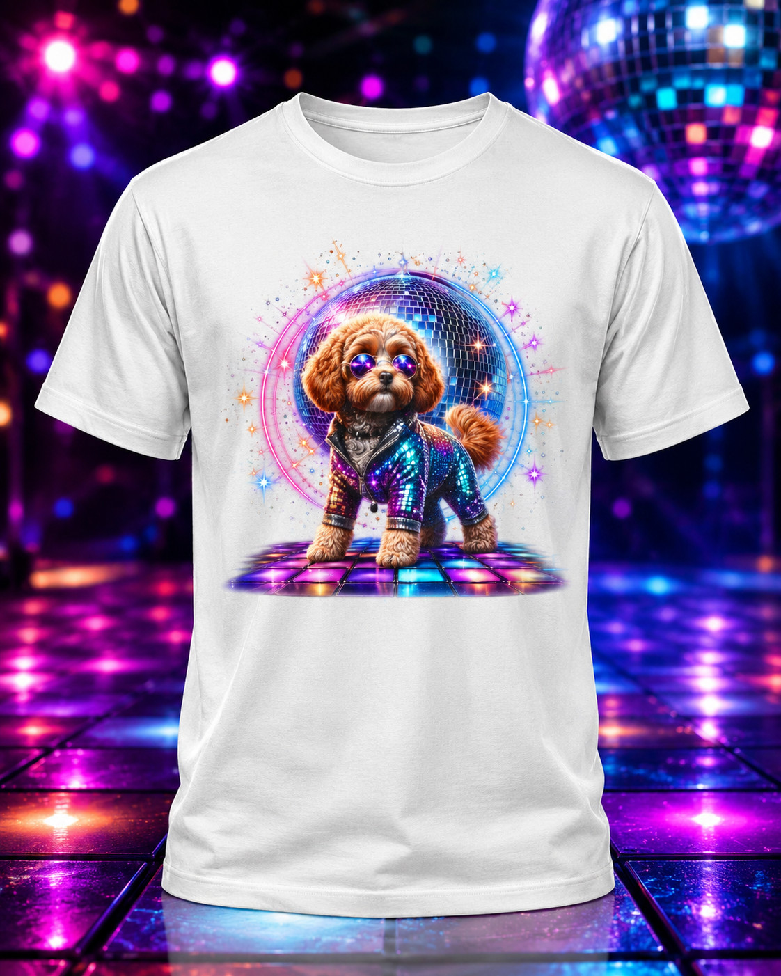Women’s Dancing Cavapoo Disco Ball V-Neck T-Shirt Funny 1970s