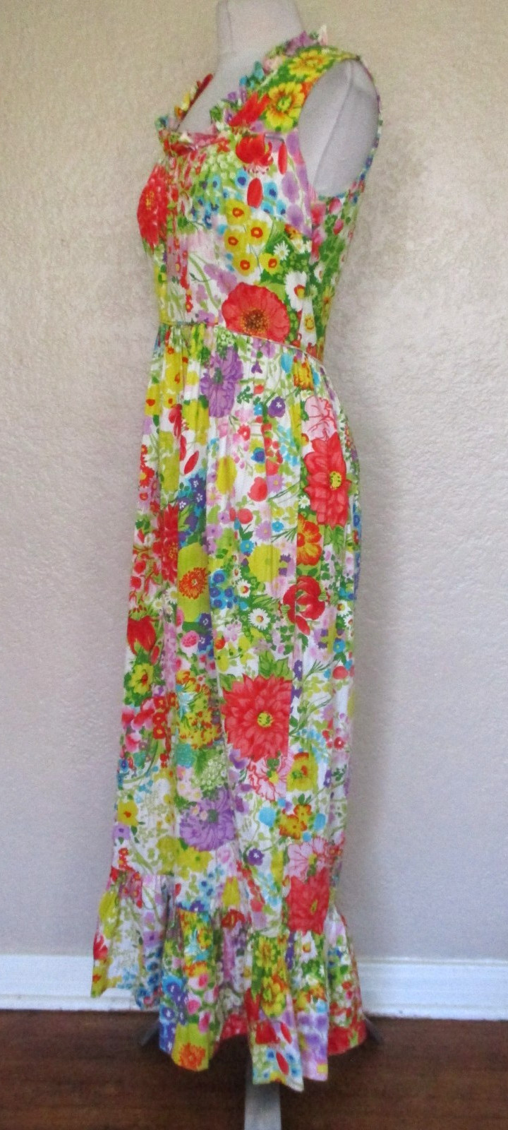 Vintage Concept 70s Swirl Maxi Dress Floral Print S/M Women Ruffle Trim