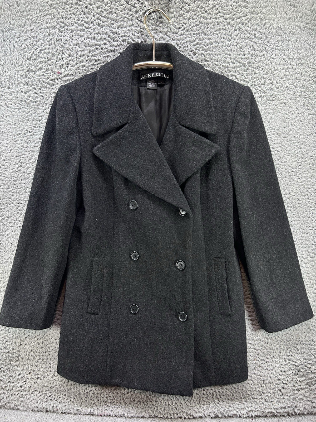 Vtg Anne Klein Sz 6 Double Breasted 100% Wool Charcoal Gray Winter Luxury Classy
