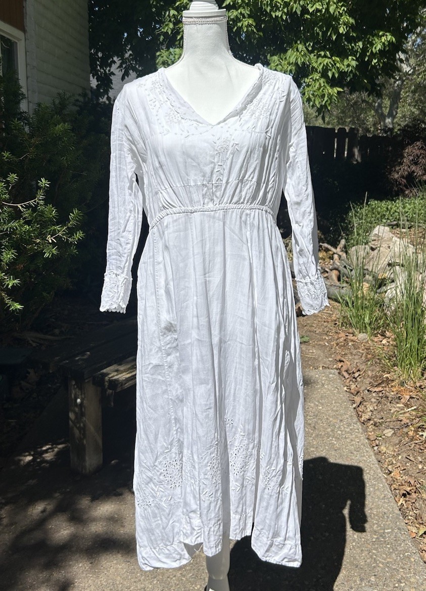 Edwardian White Cotton Voile Tea Dress Embroidered Long Sleeve Vintage Sz L