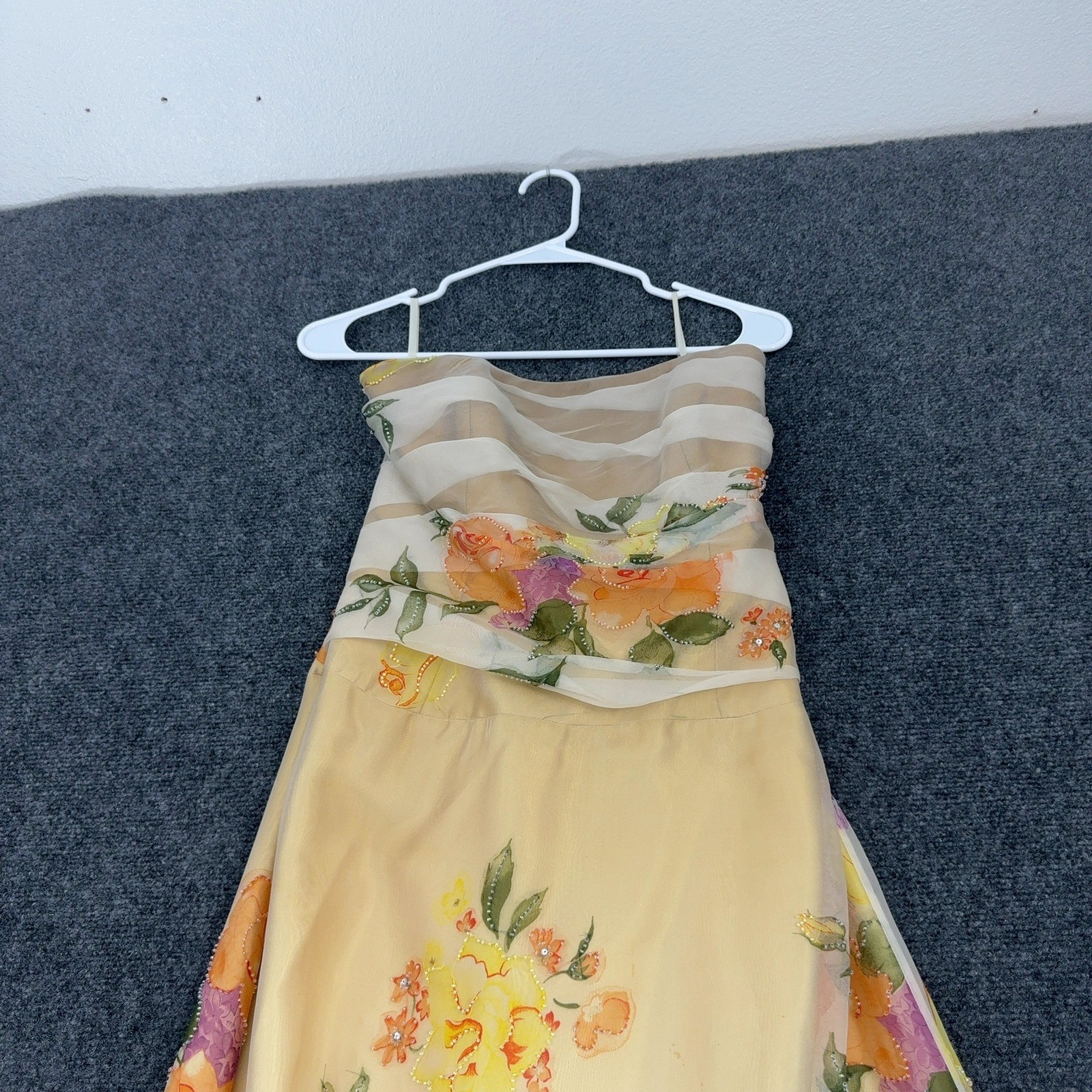 Vintage Jovani Dress Womens 8 Yellow Silk Floral Beaded Strapless Gown Formal