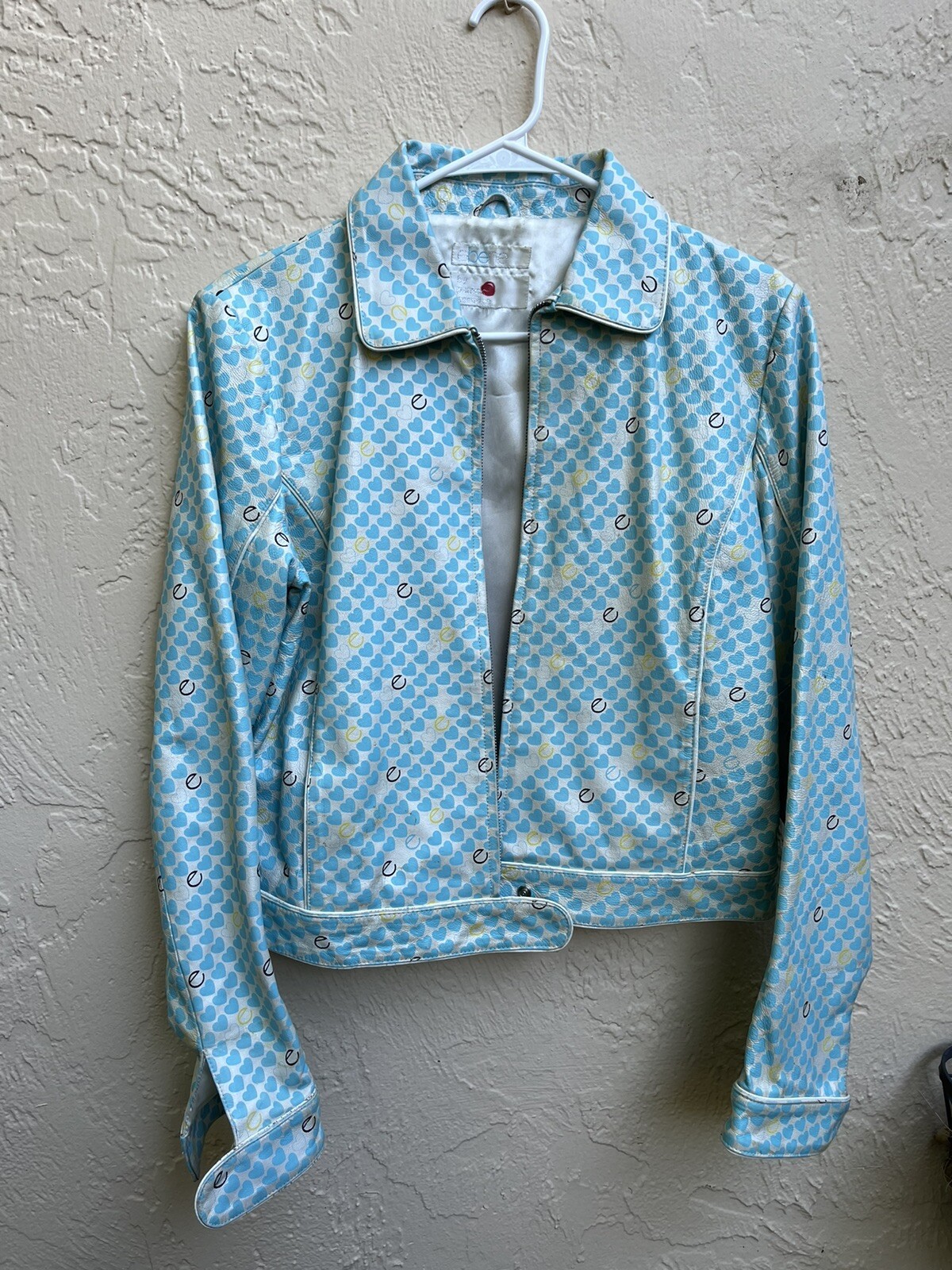 Mod RARE Cool VTG Womens LEATHER Bomber Jacket Retro Hearts Pattern XS