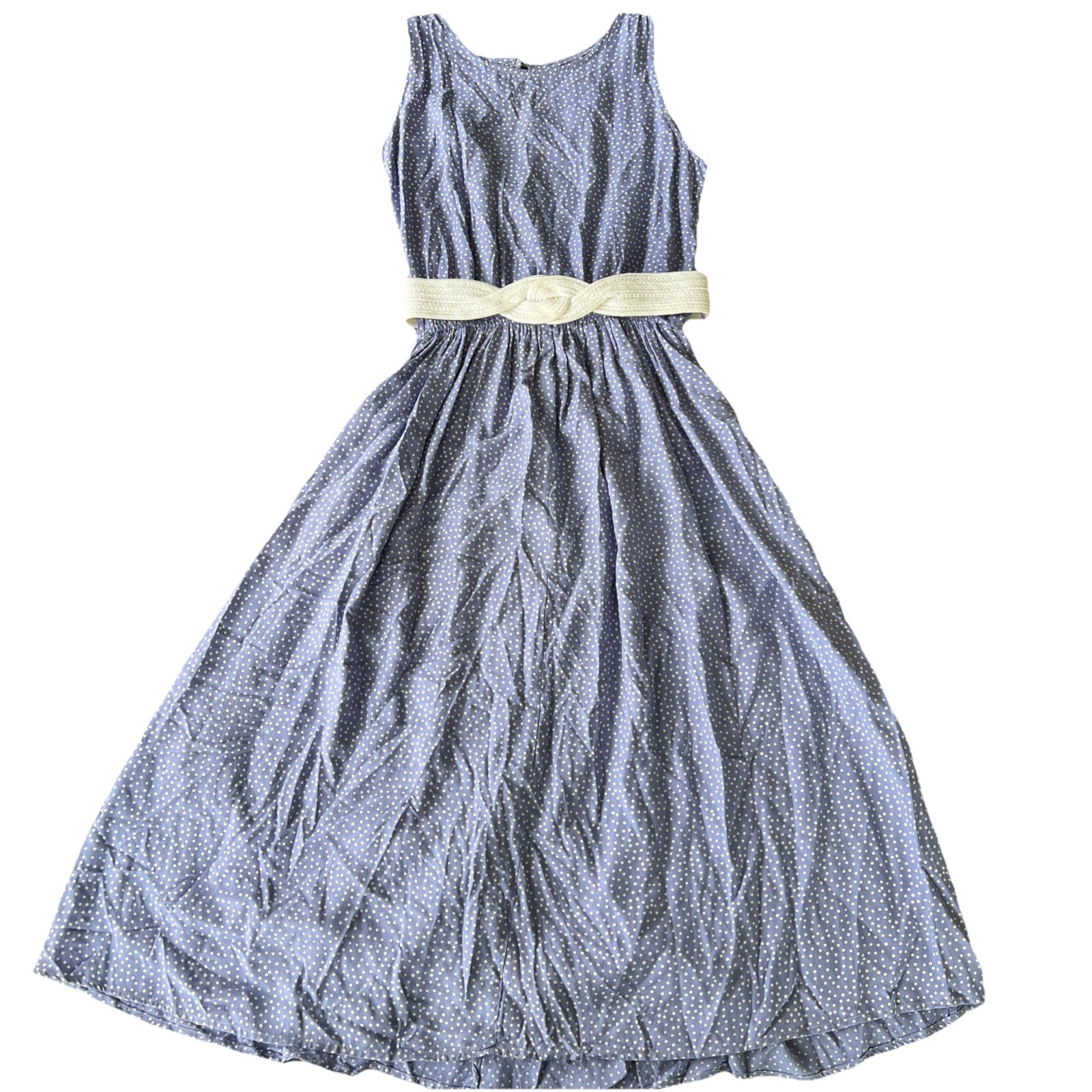 Vintage 90’s Old Money Belted Perwinkle Polka Dot Sleeveless MIDI Dress Small