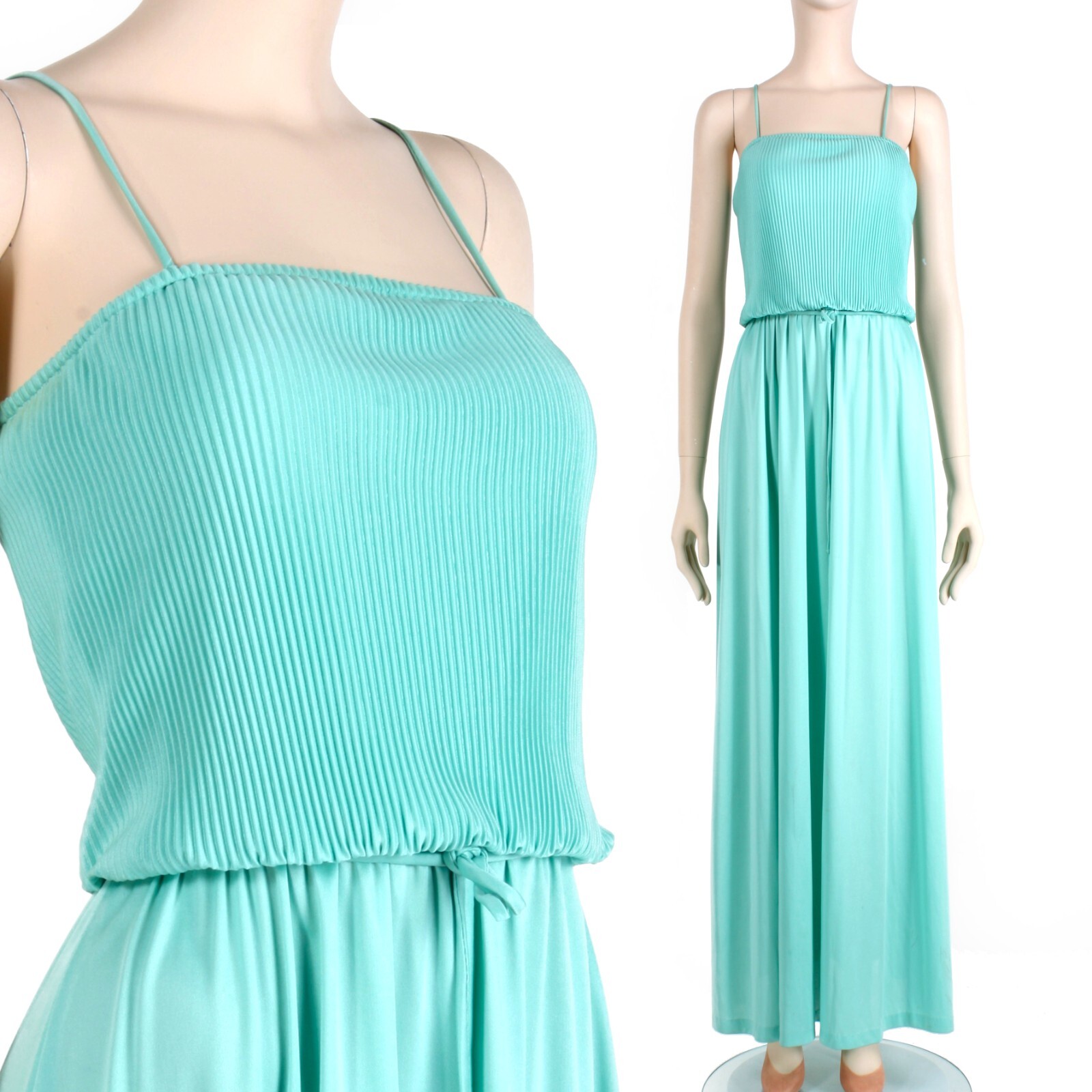 M Vintage 1970s Mint Green Aqua Silky Casual Sleeveless Maxi Dress 70s