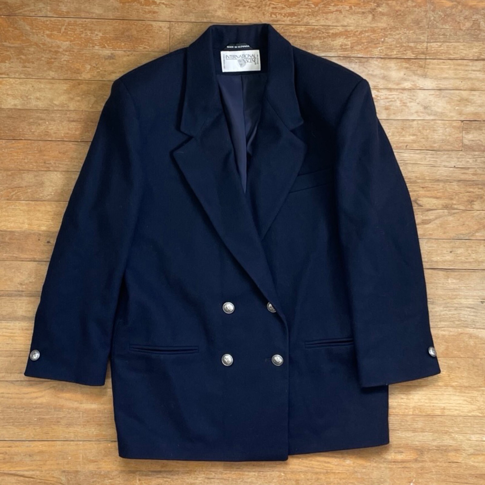 Vintage Navy Blue Felted Wool Blazer Womens Size Large 90s Double Breasted Coat