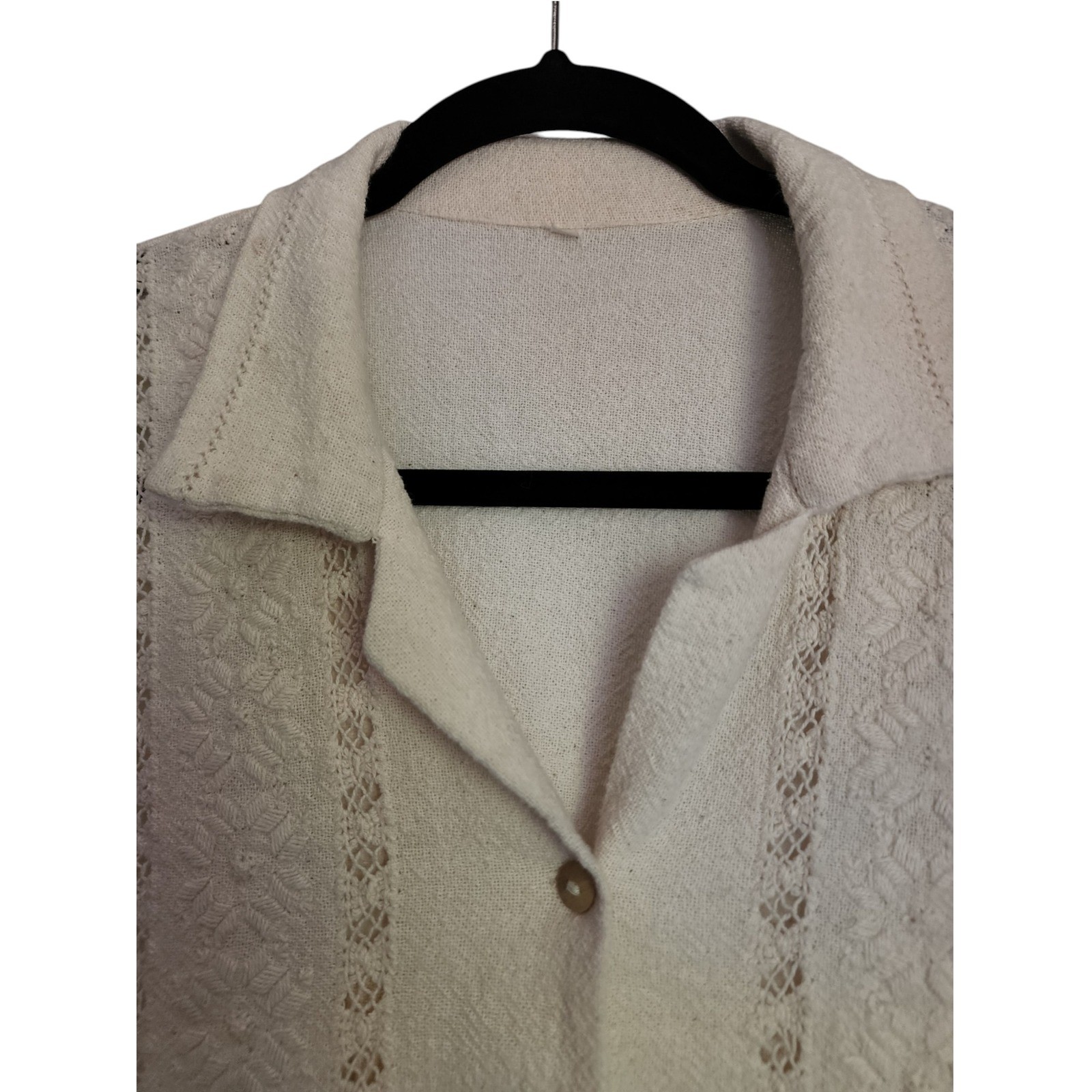 Vintage White Textured Button Front Blouse, Lace Detail, Cottagecore, Size M