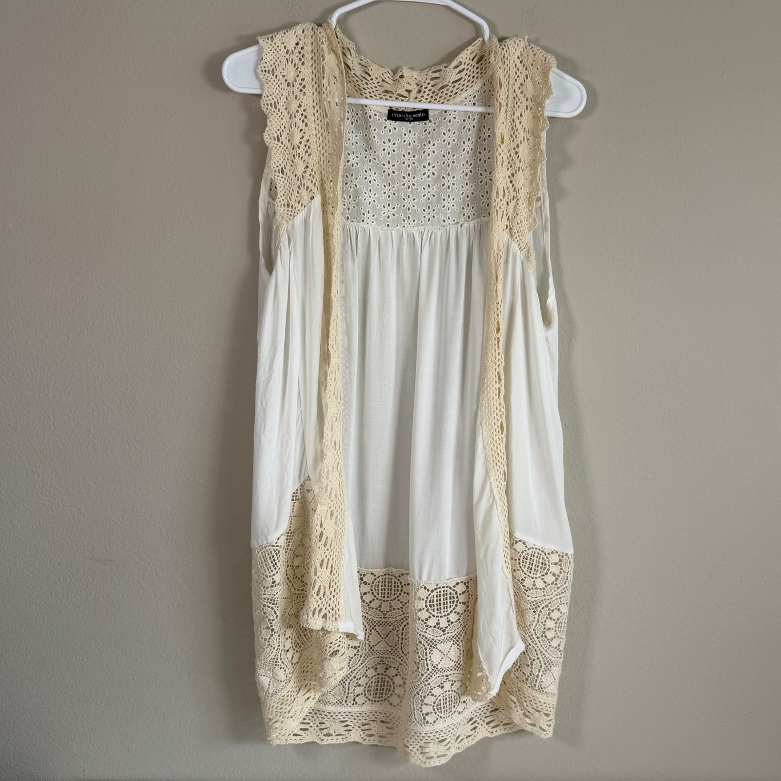 Vintage Boho Cottagecore Crochet Lace Sleeveless Vest L Ivory Cream USA Prairie
