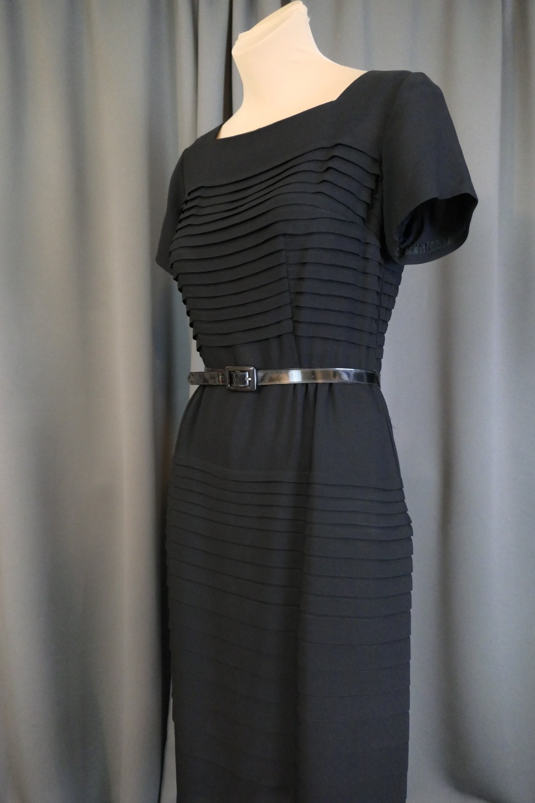 Vintage 1950s Black Pleated Dress, Hourglass Fitted, Gloria Swanson, 35 bust