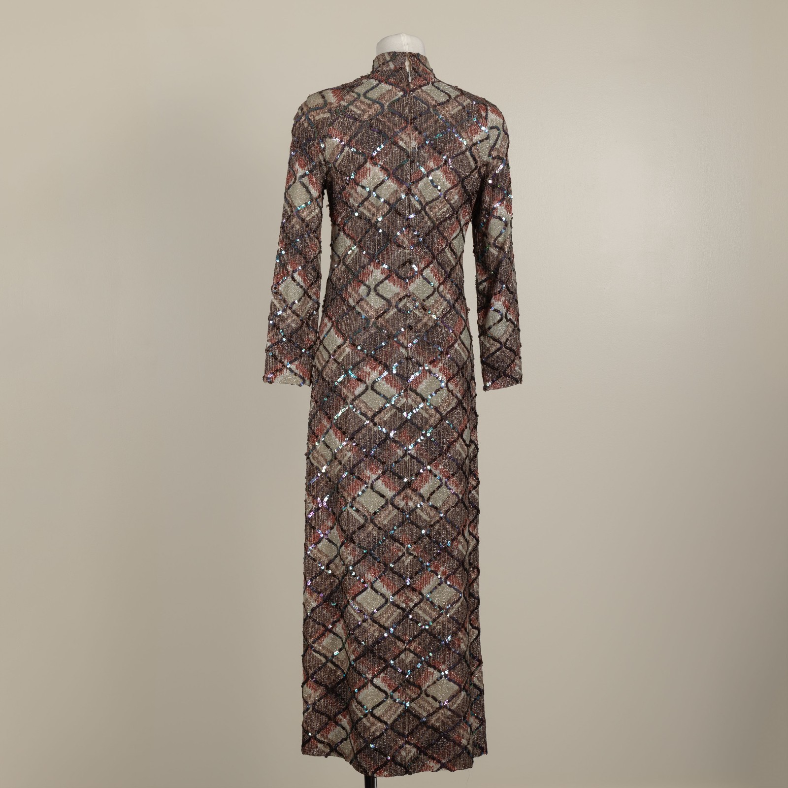 Vintage 70s Metallic Lurex Sequin Maxi Dress Mod Disco Glam Evening Gown