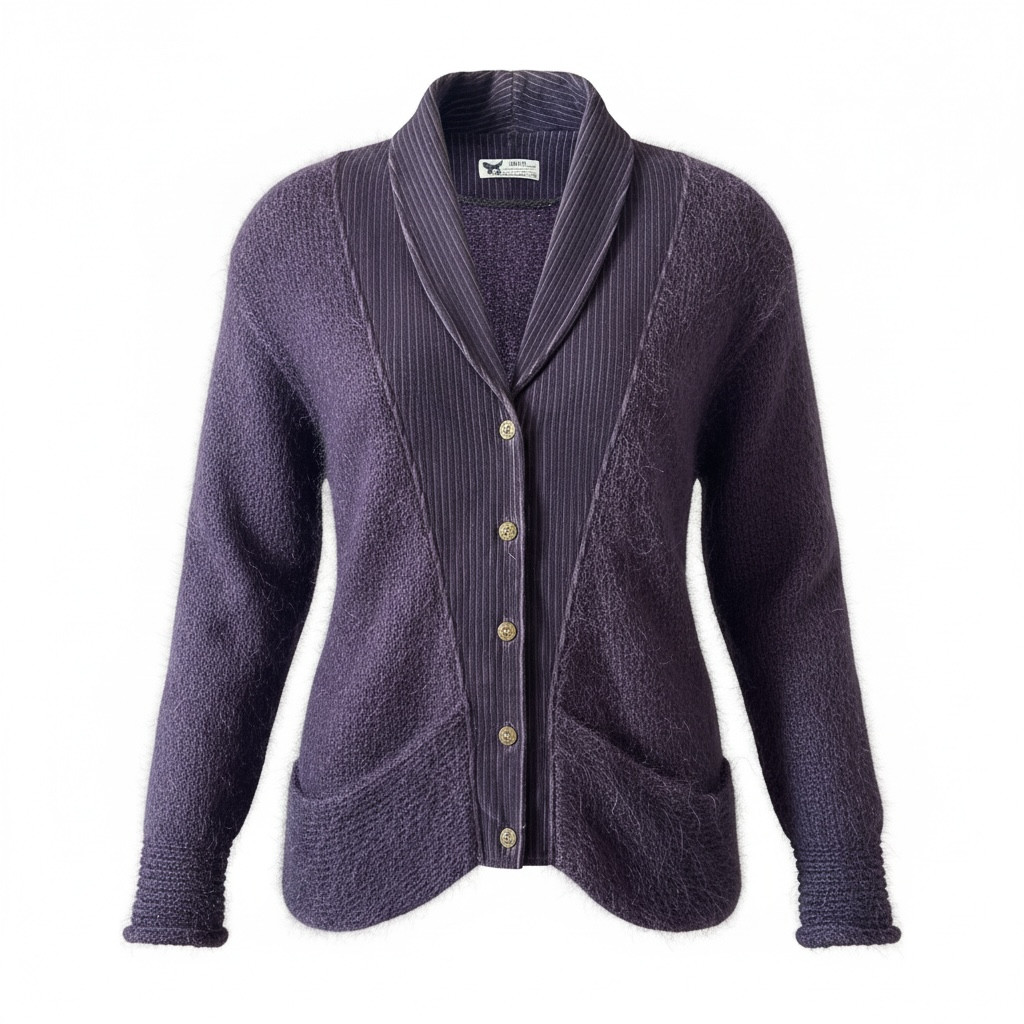 Vintage Woof Hand Knit Purple Button Cardigan Sweater Mohair Merino Wool Large