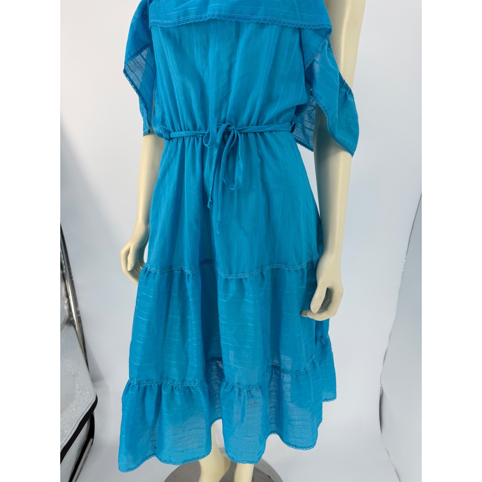 1970s Blue Off Shoulder Prairie Dress Cottagecore Boho Gauze Small