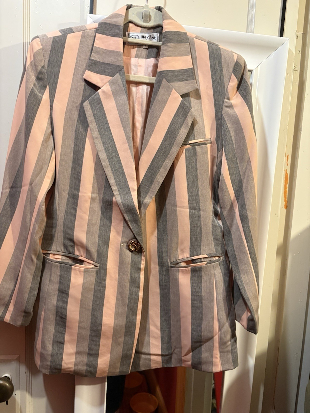 Vintage May Lok Made In Italy Pink Gray Striped Oversized Tailored Blazer Size 9
