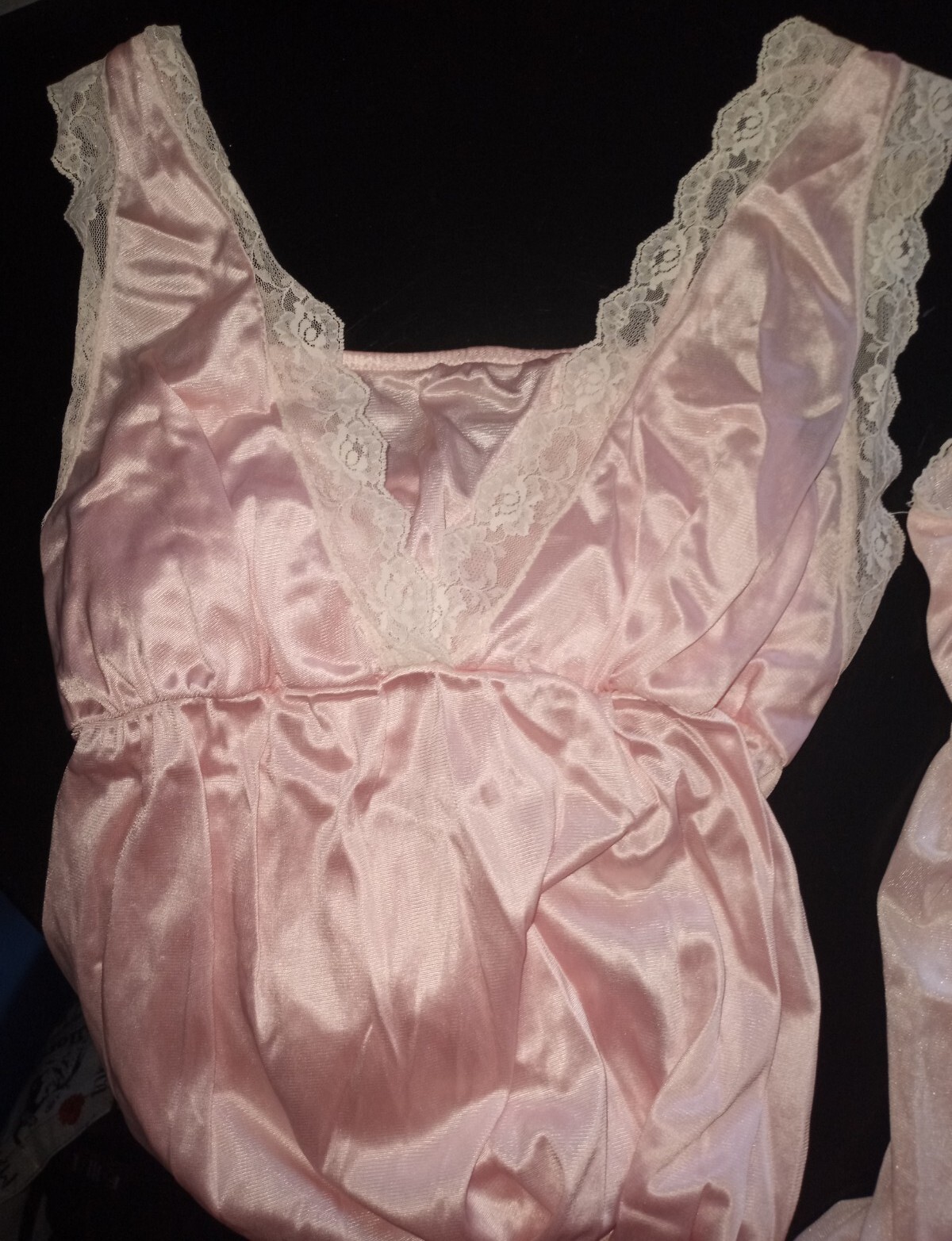 2 Vintage FANCY ME Sz S Pink Nylon Sheer Cream Lace Long Nightgown Slip Dress