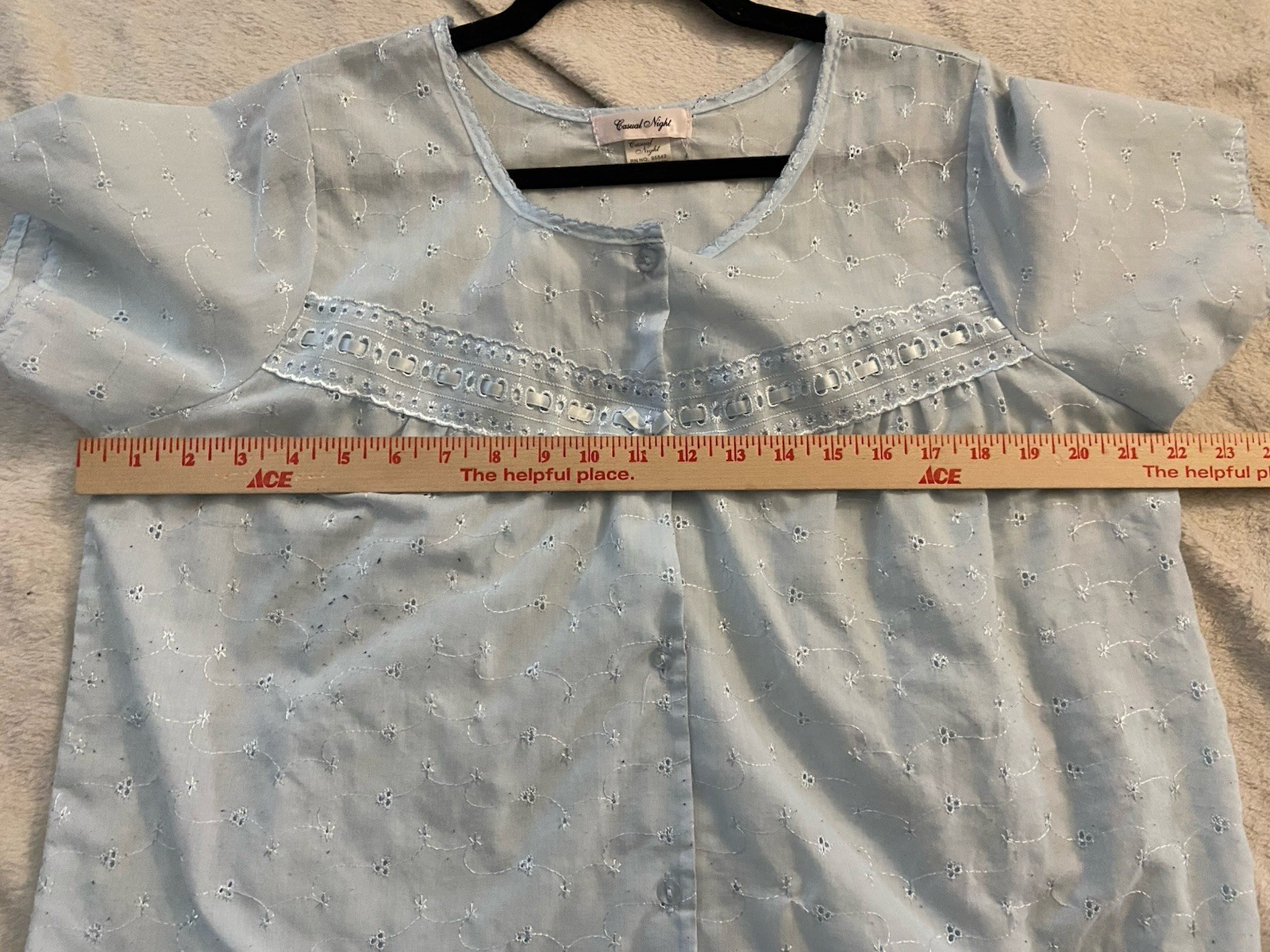 Casual Night Vintage Nightgown M Blue Eyelet Cottagecore Button Short Sleeve 41”
