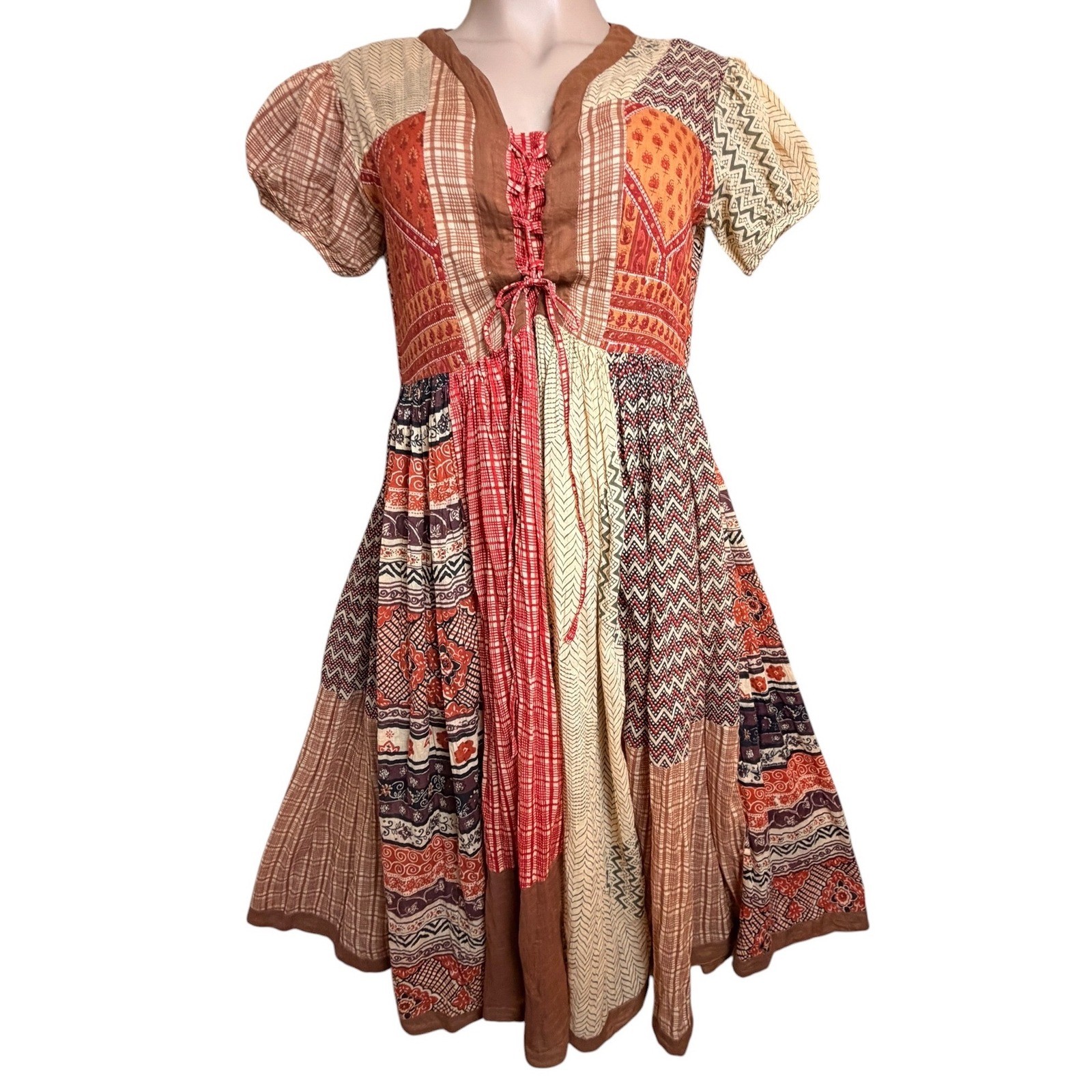 Vintage St Tropez India Patchwork Cotton Peasant Babydoll Midi Dress L Boho