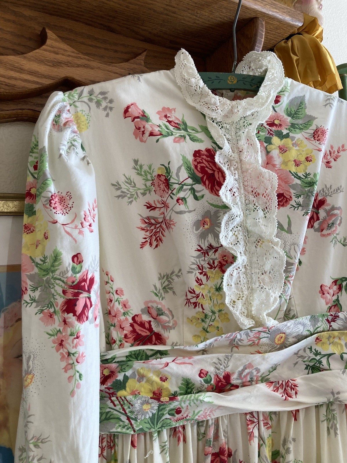 1970s Dreamy Floral Lace & Ruffle Maxi Dress, Bust 34in