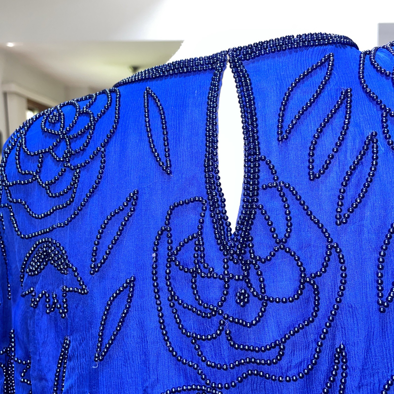 Stenay Padded Shoulders Blue Black Beaded Short Sleeve Top Size Medium