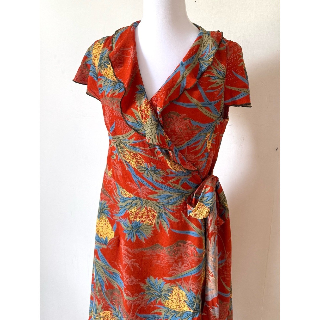 Vintage Diva Dollz Wrap Dress Hawaiian Print Pineapple Coastal Tropical Medium
