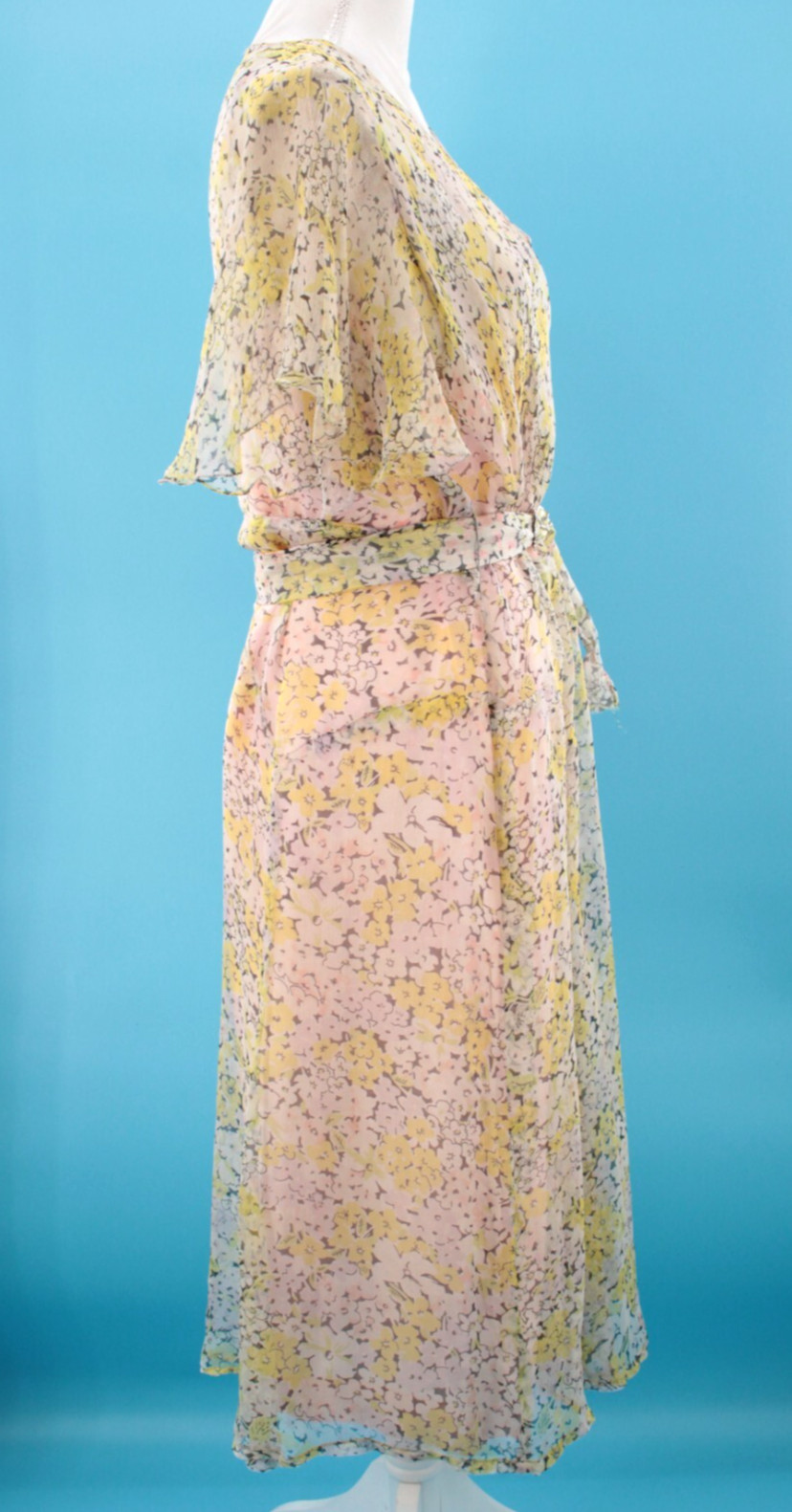 Vtg Women’s 30s Sheer Cream & Yellow Floral Pink Lining Chiffon Dress M/L 1930s