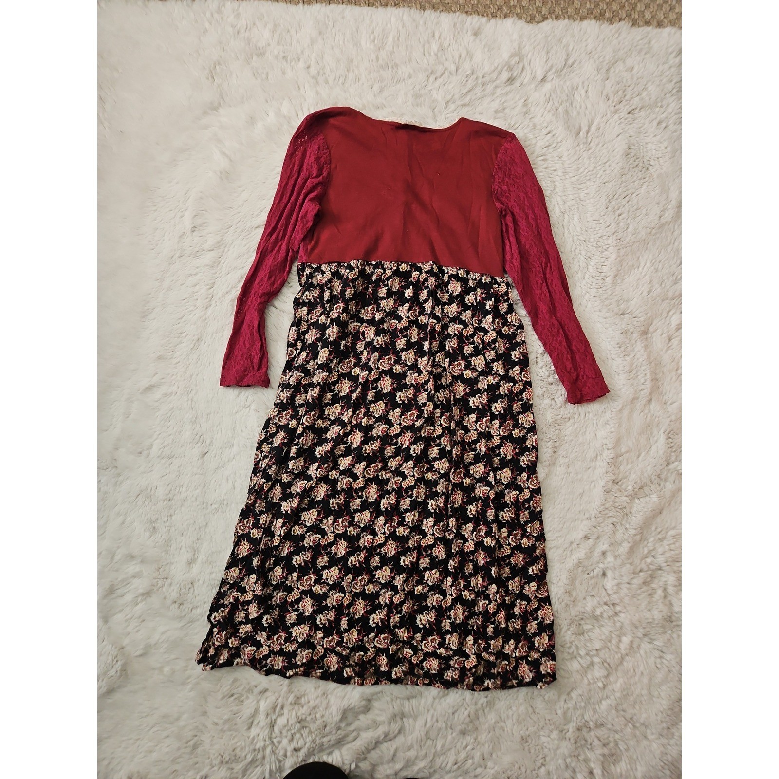 VTG 90s LA Chic California Floral Dress Burgundy Grunge Prairie Cottagecore S
