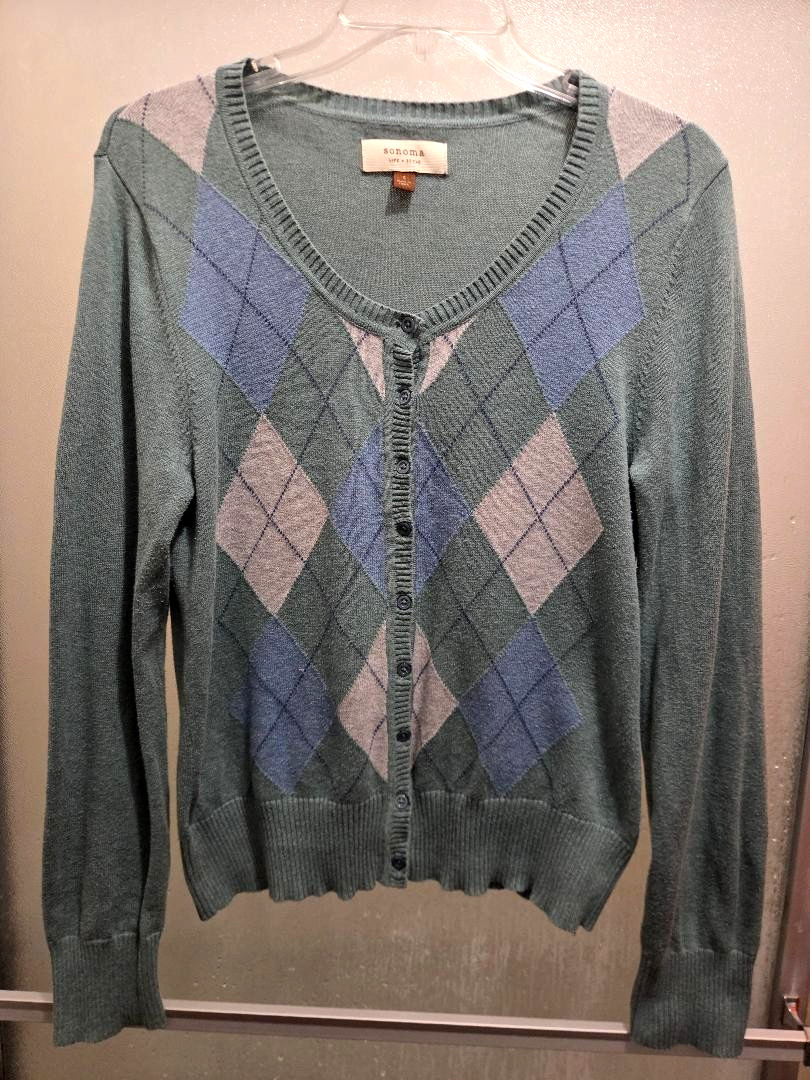 VINTAGE ARGYLE CARDIGAN SWEATER PASTEL GREEN BLUE WOMENS S SONOMA LIFE + STYLE