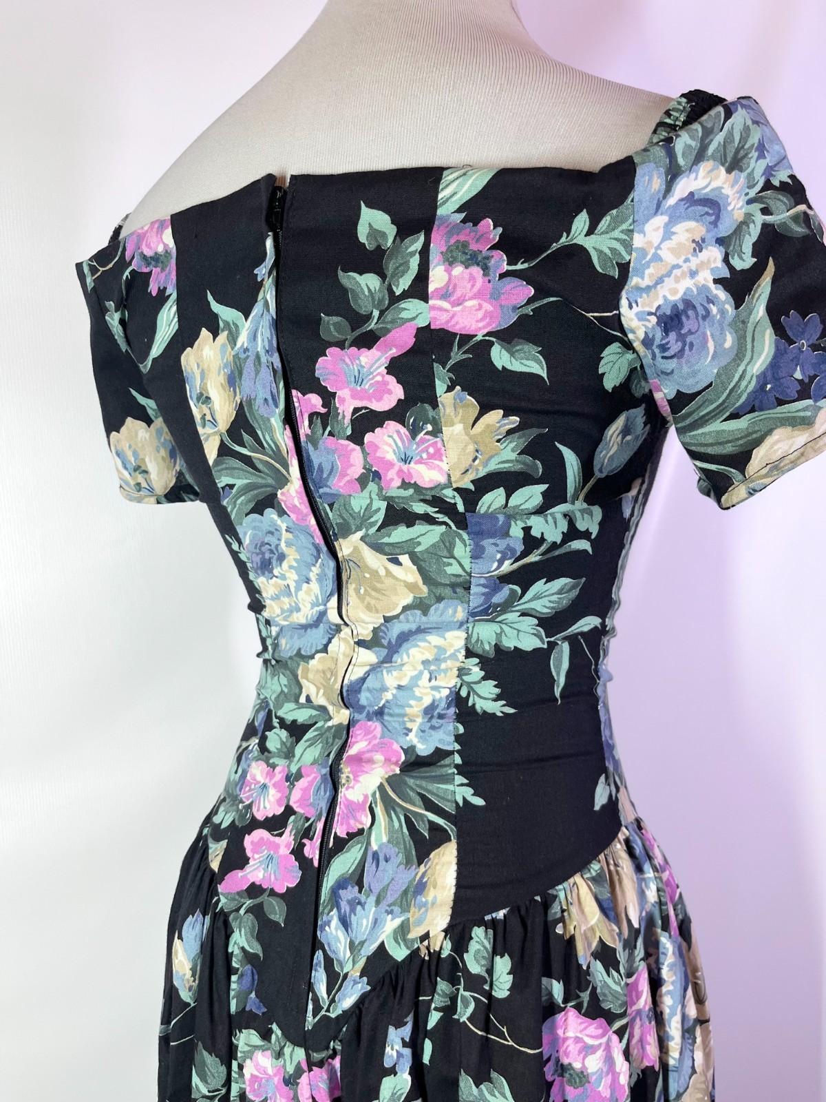Vintage 1980s Byer Too! Size 5 Black Floral Tea Dress Off-the-Shoulder V-Waist