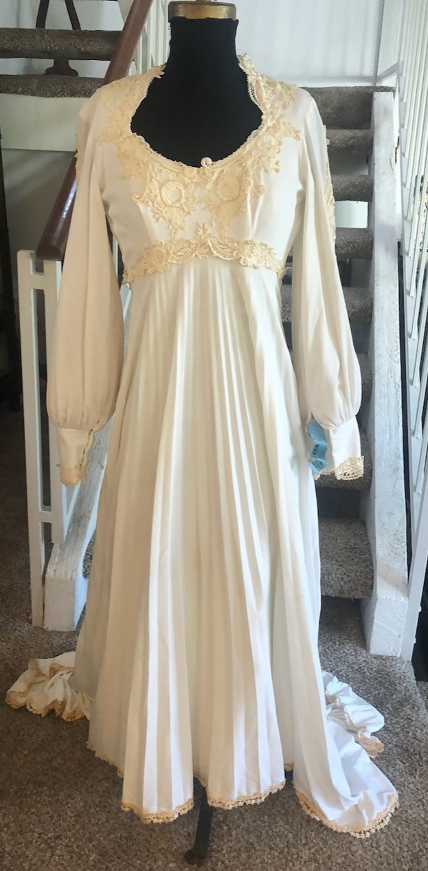 Vtg 70s Edwardian Wedding Dress S 6 Poet Sleeves Train Ivory Lace Gunne Style