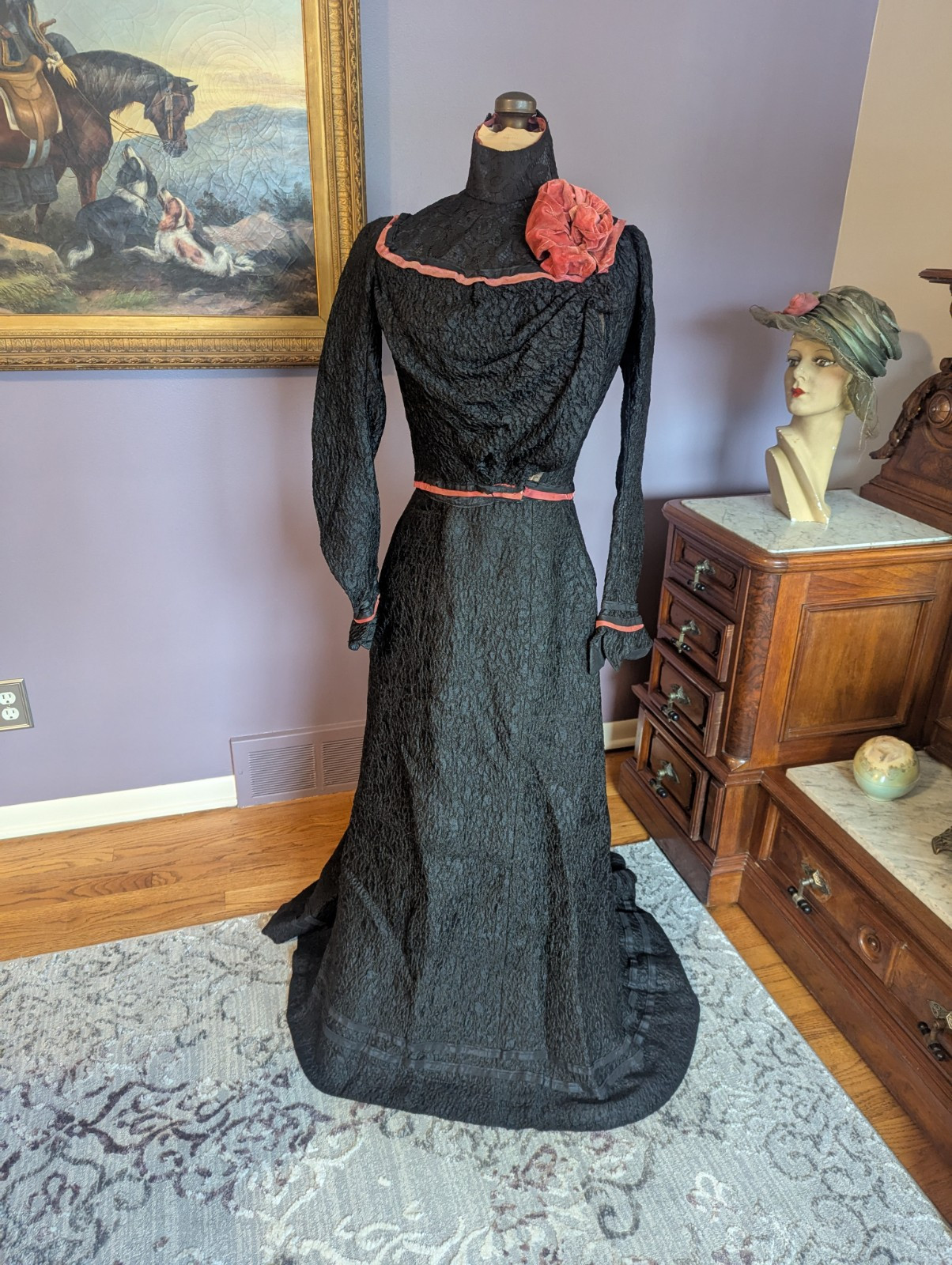 Antique Victorian Edwardian ca 1890’s – 1900 2 Piece Dress Velvet Rose and Trim
