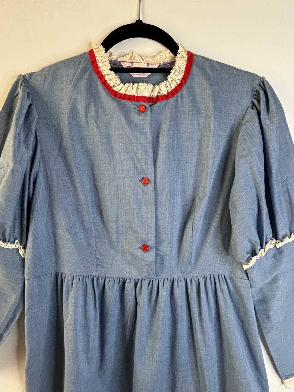 VTG 60’S SEARS HIPPY BOHO RUFFLED LACE PRAIRIE DRESS BLUE COTTON CHAMBRAY*S/M