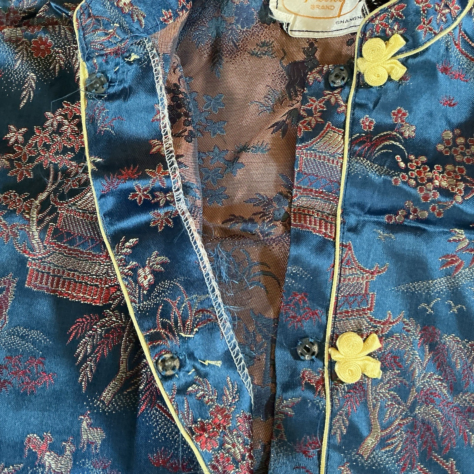 VINTAGE Size 14 Peony Chinese Pajama Set Frog Button Brocade Satin Lounge #61708