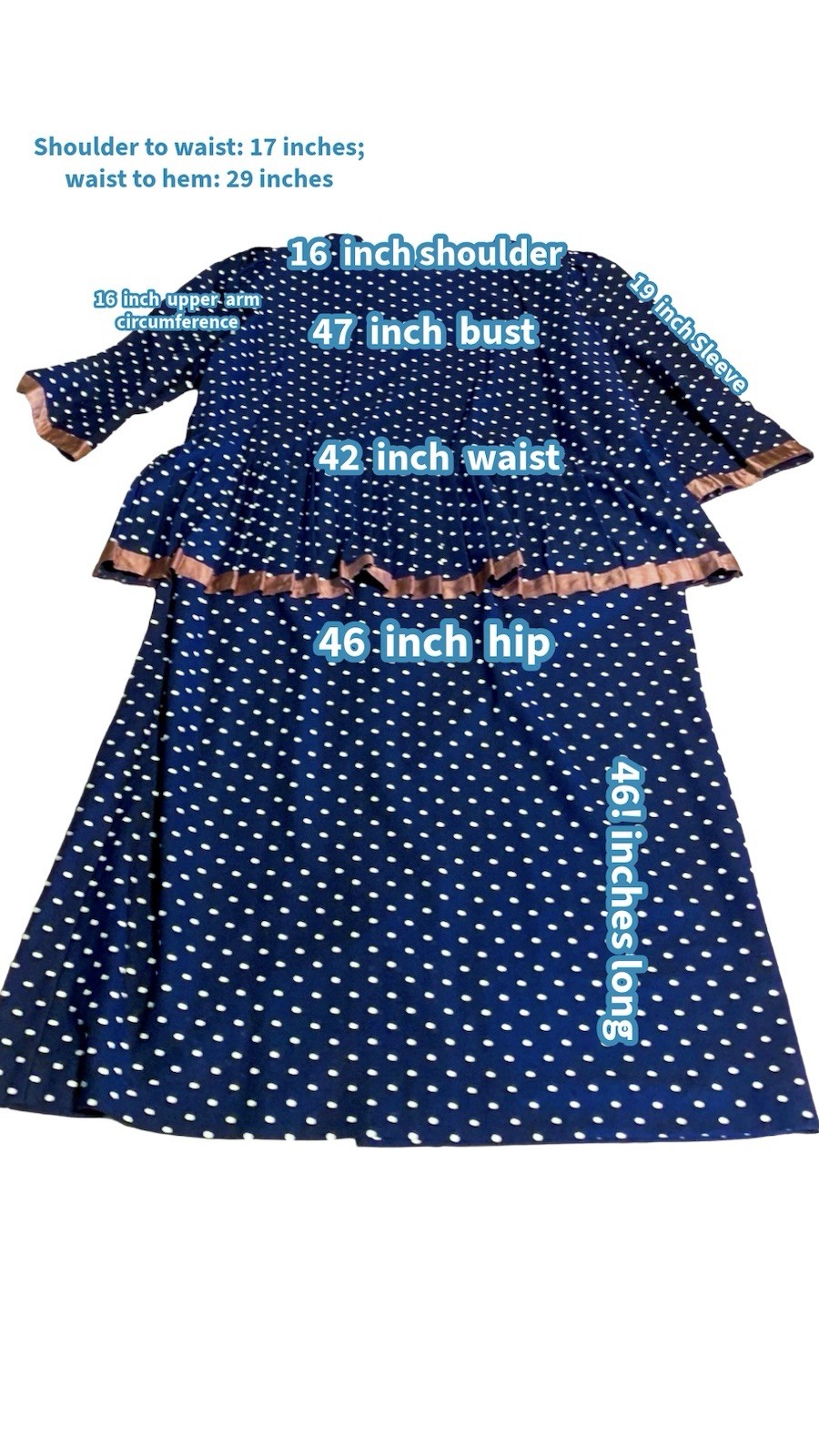VINTAGE CIRCA 1980’S CARLY CIRCLE BLUE & CREAM POLKADOT PEPLUM DRESS SZ 18
