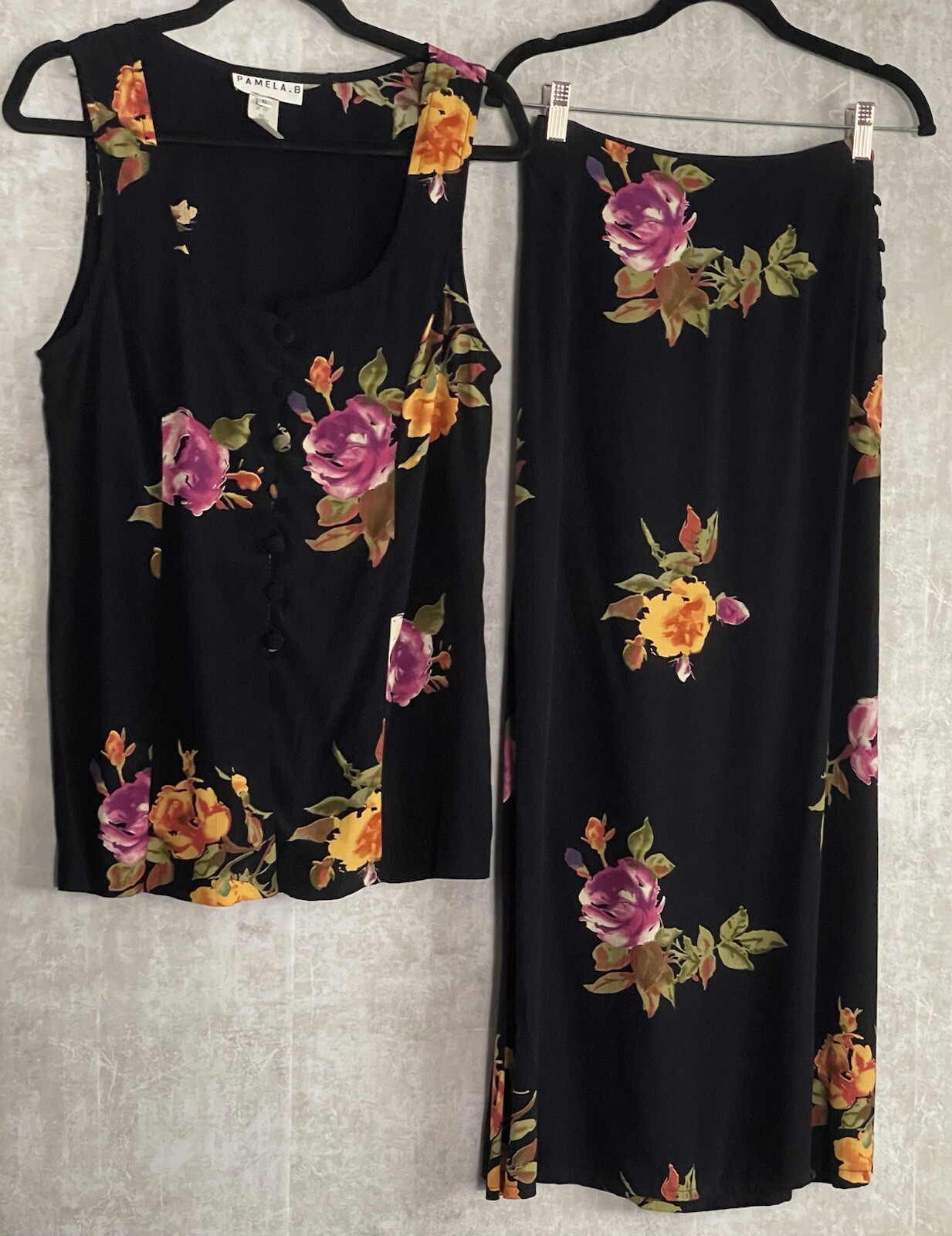 VTG Pamela.B Button Up Blouse/Side Button Blk Floral Maxi Skirt Set Size 6.