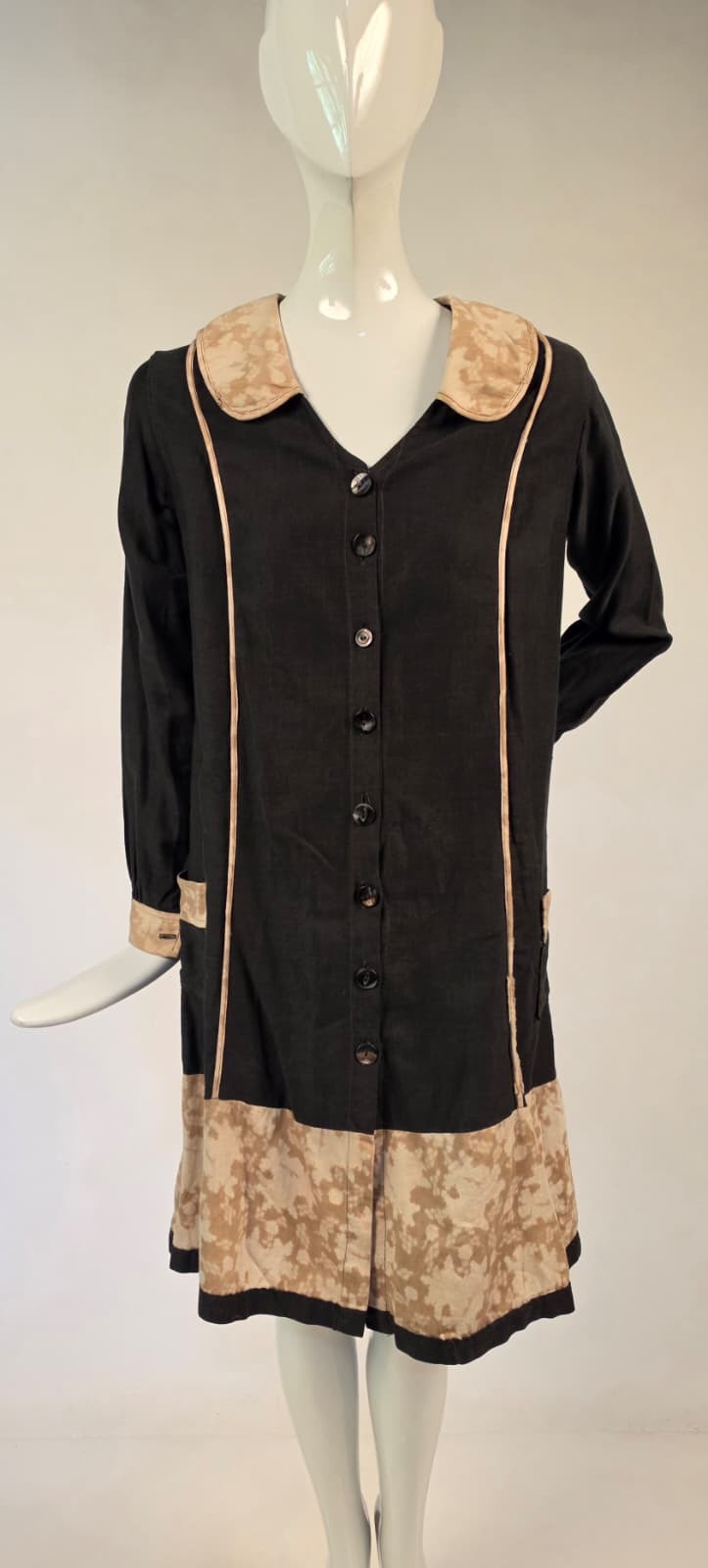 ANTIQUE 1920’S BLACK + PRINT COTTON DRESS W BUTTON FRONT