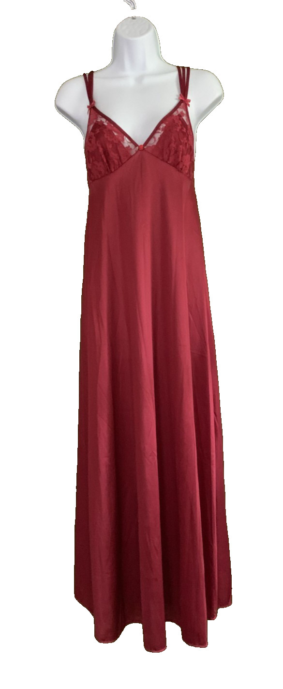 Vtg Nylon Lace Triple Strap Cross Back Maxi Nightgown Merlot Petra Fashions Sz S