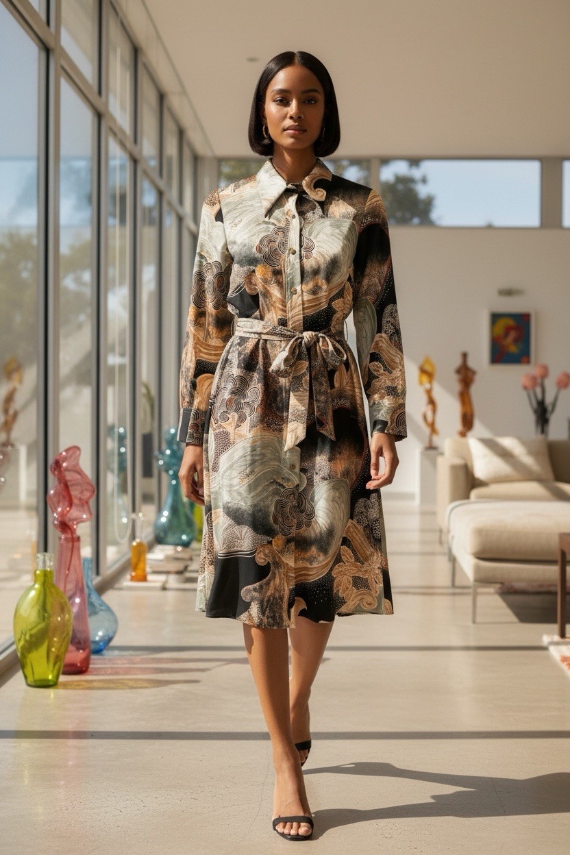 Vintage Lanvin Paris Shirt Dress Sash Japanese Scenic Print Size 8 1970s Belted