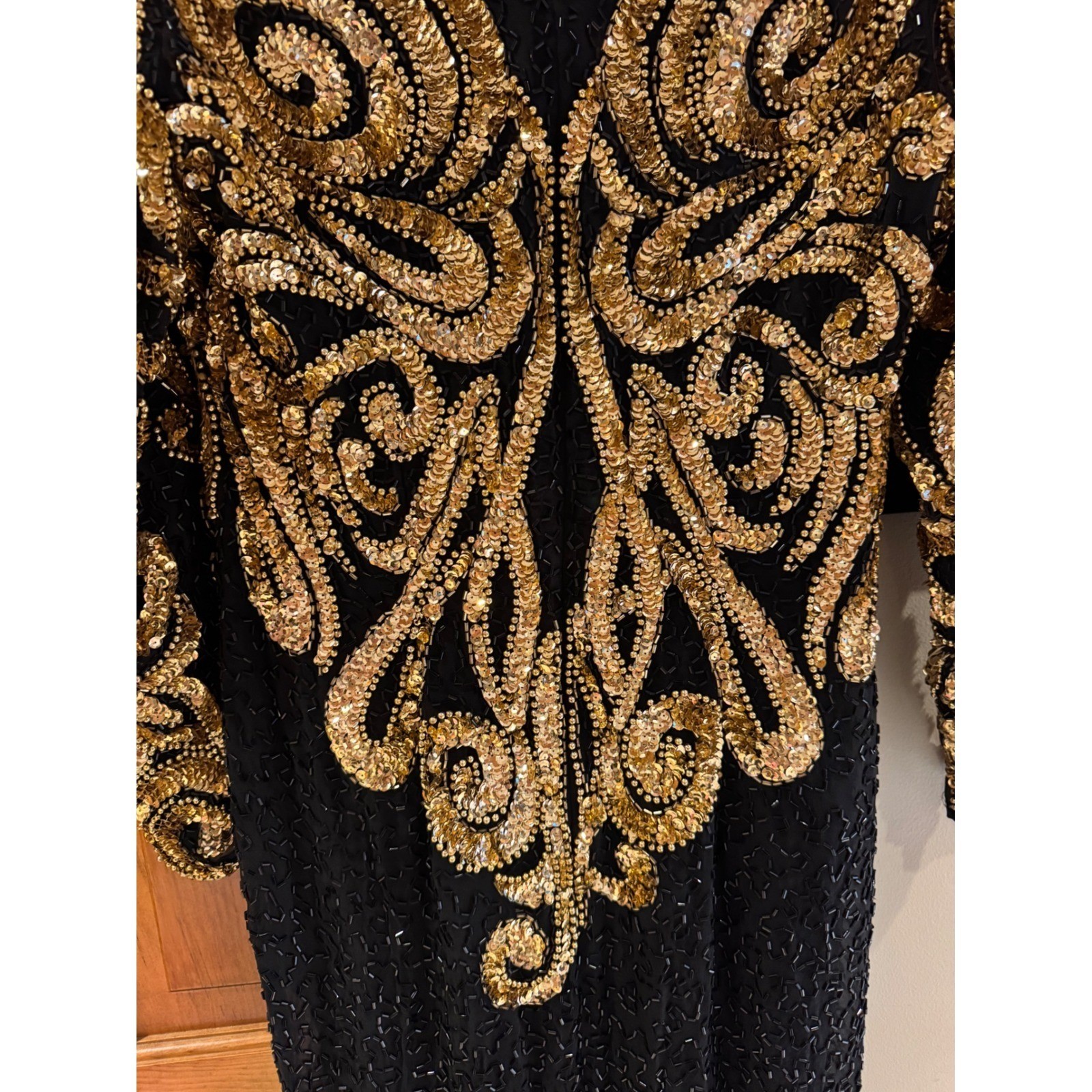 Niteline Della Roufogali Vintage Silk Beaded Sequin Gown Gold Black Maxi Dress 8