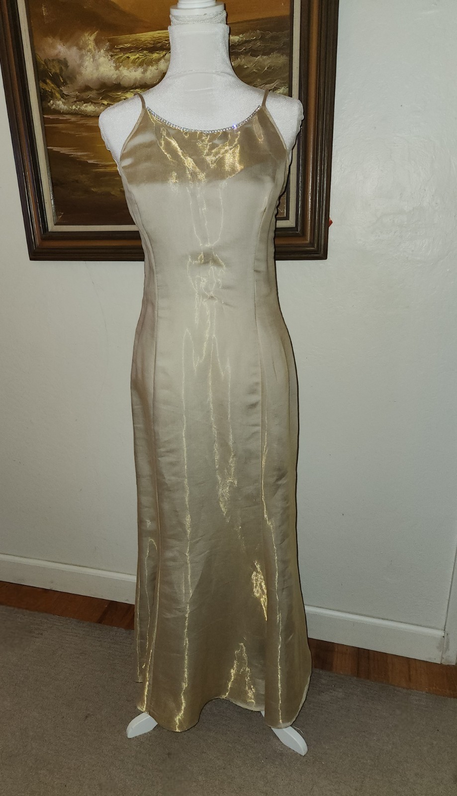 Vintage 1990s Scott McClintock Shimmery Gold Maxi Prom Dress Size 10 Rhinestone