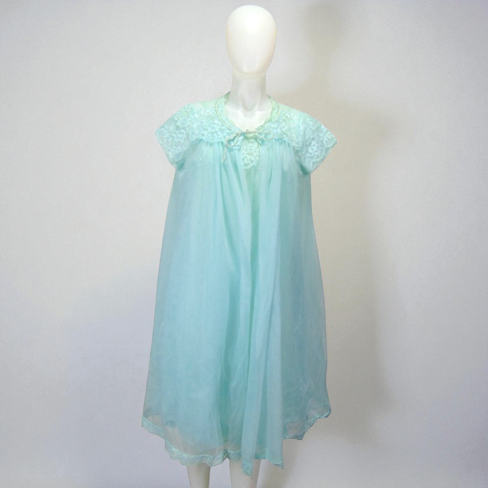 Vintage 1960s Van Raalte Aqua Chiffon Peignoir Set Lace Robe Nightgown Small