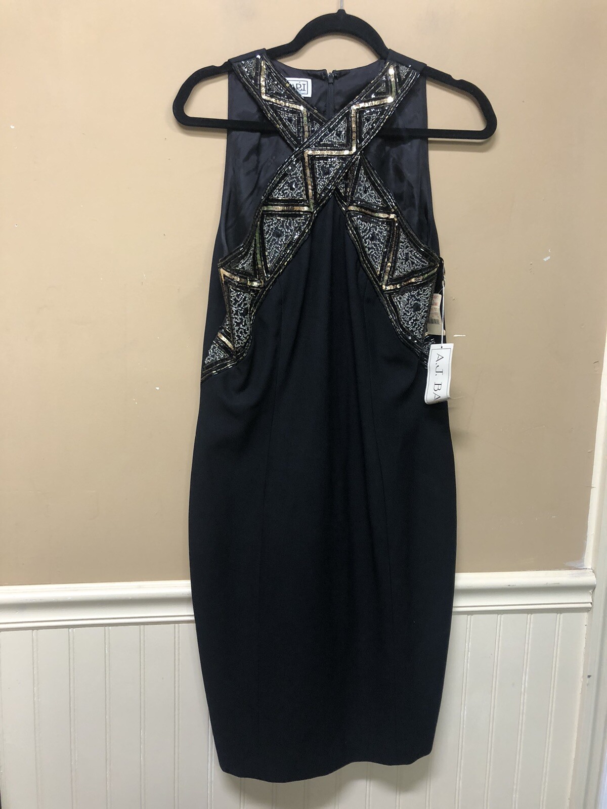 Damaged Vtg 1980s A.J. BARI Black Gold Metallic Trim Cocktail Dress Sz 12 NWT