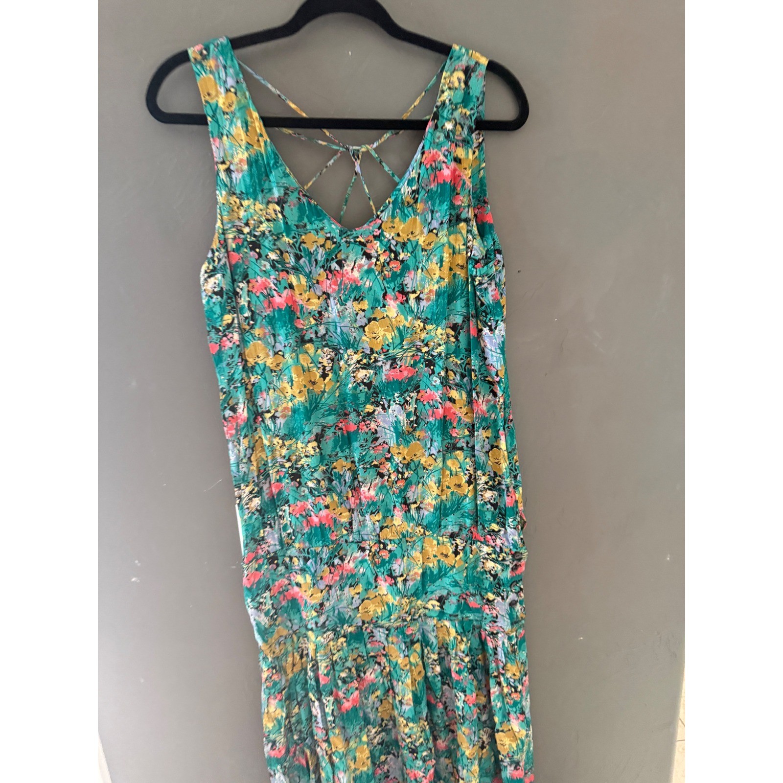Michelle Stuart Vintage Floral Rayon Midi Dress Teal Multi Strappy Back 9/10