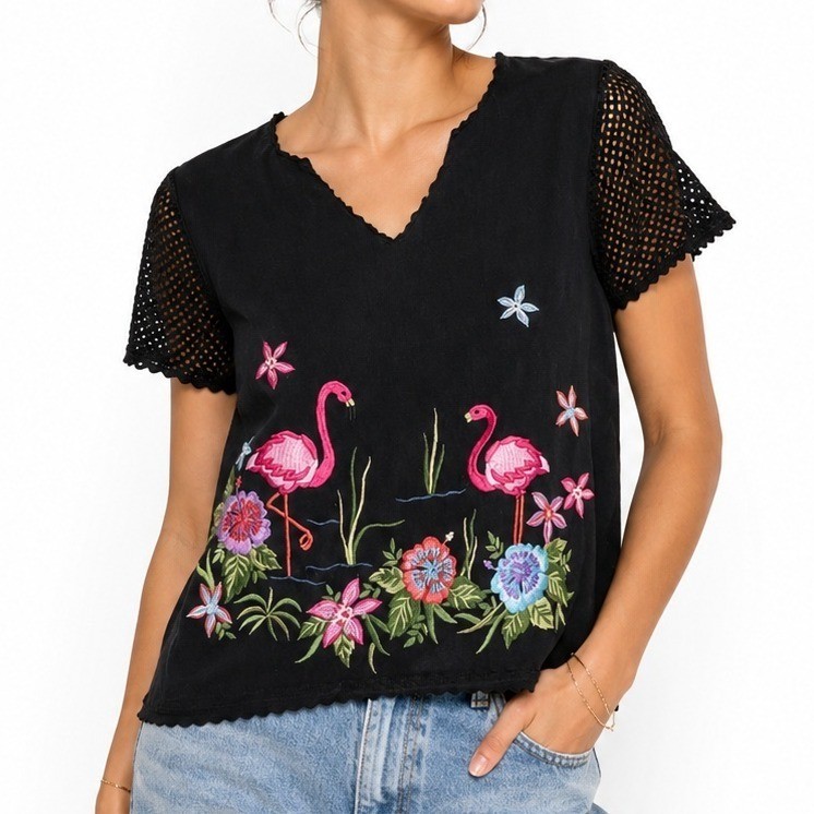 Jenny Flamingo Embroidered Sweater Women XL Black Tropical Crochet Sleeve Top