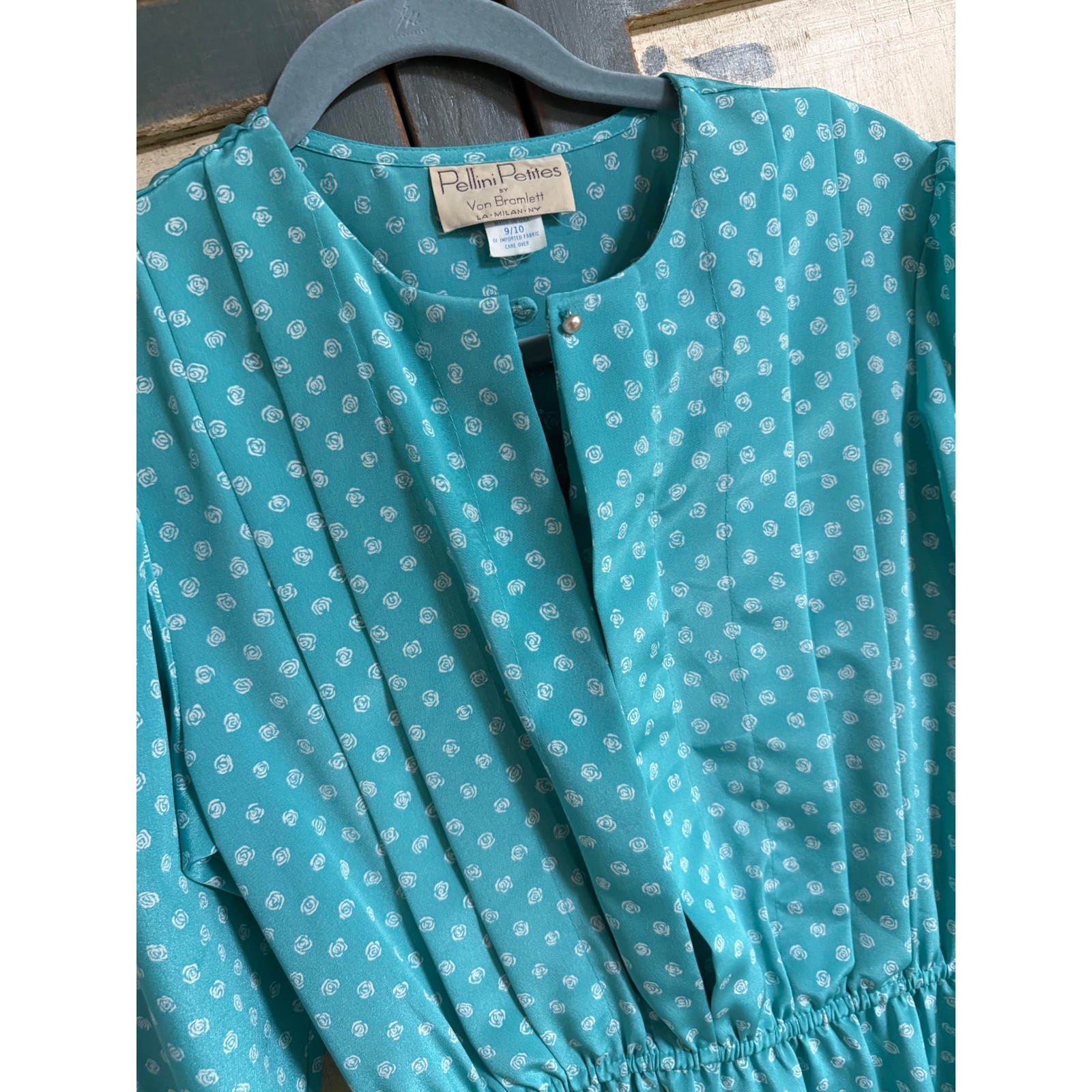 Pellini Petites Von Bramlett Vintage 80s Teal Rose Floral Midi Dress 9/10 USA