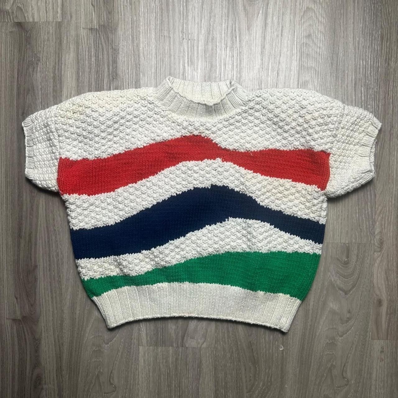 Medium Vintage 90s white, red, navy blue, and green wavy striped cotton knitwear