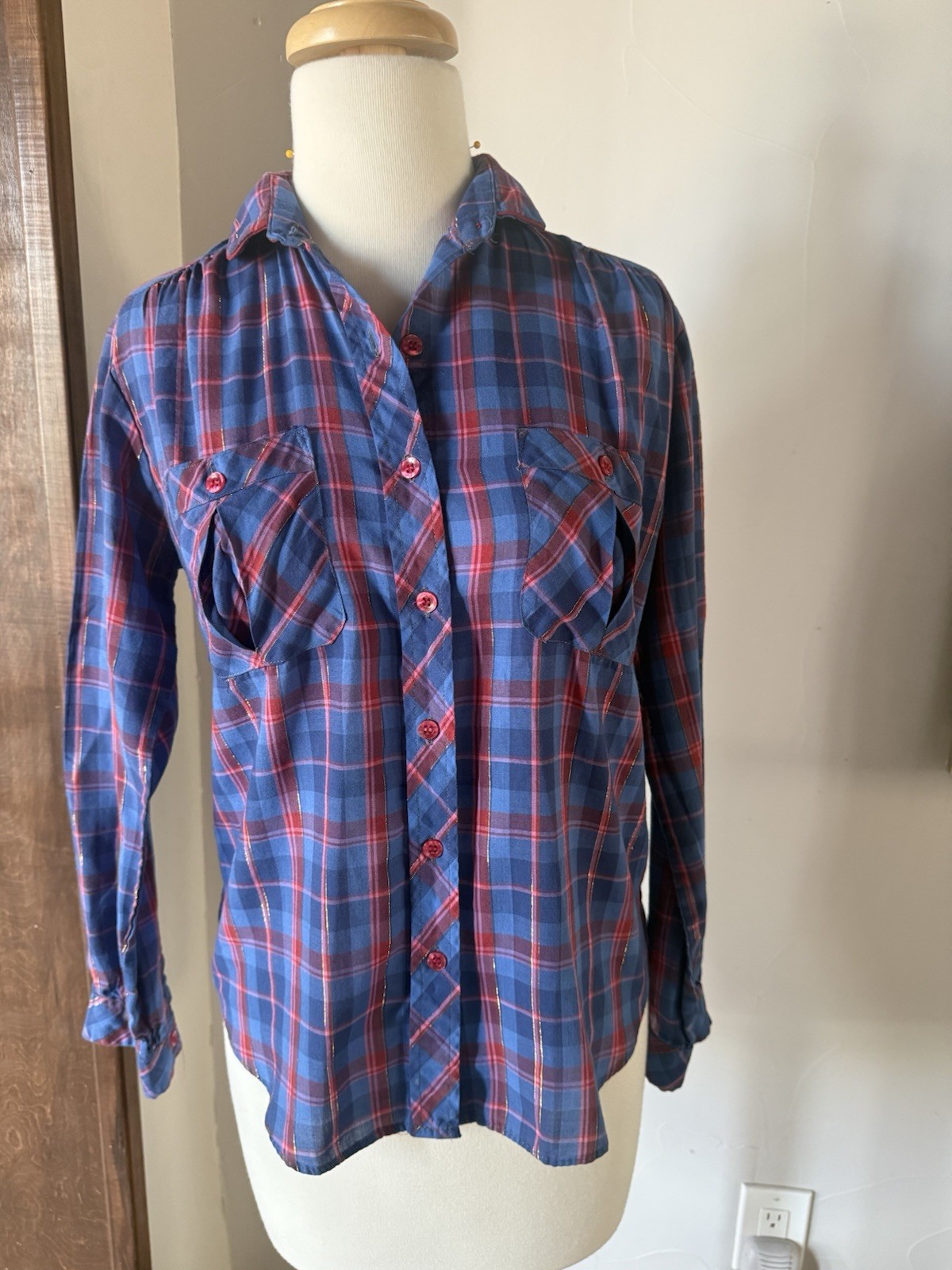 Vintage 70s/80s Button Up Blouse Plaid Size 32/small