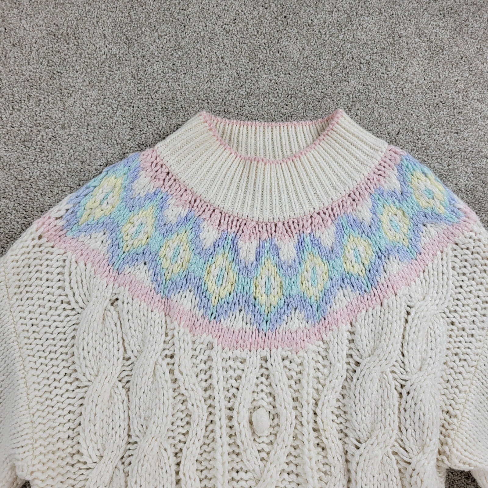 VTG Jamie Scott Sweater Womens L Cream Hand Knit Pastel Ramie Mock Neck 80s