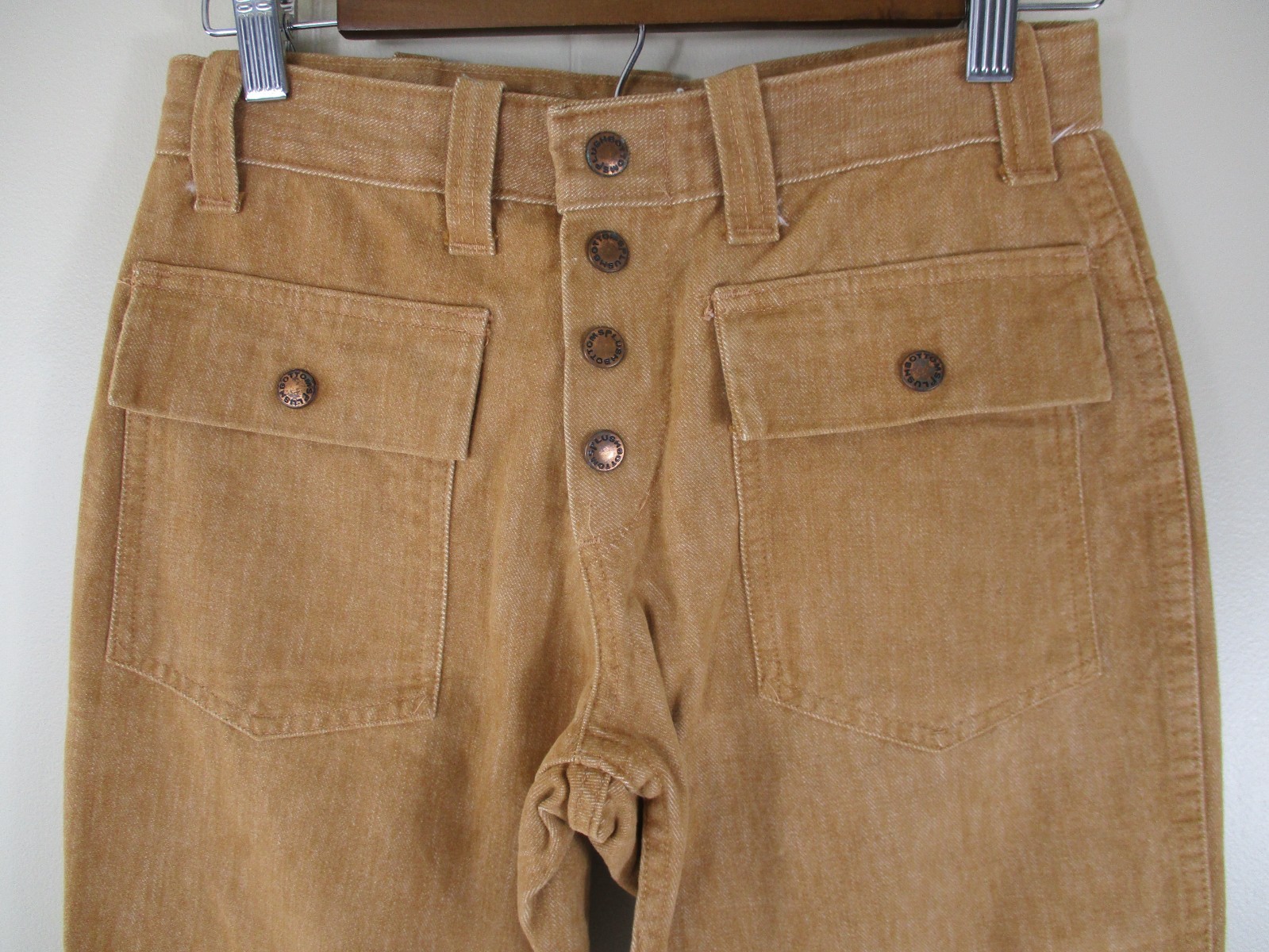 VTG 70’s Plush Bottoms Bell Bottom Snap Fly Jeans Boho Hippy 27 X 29 Brown Twill